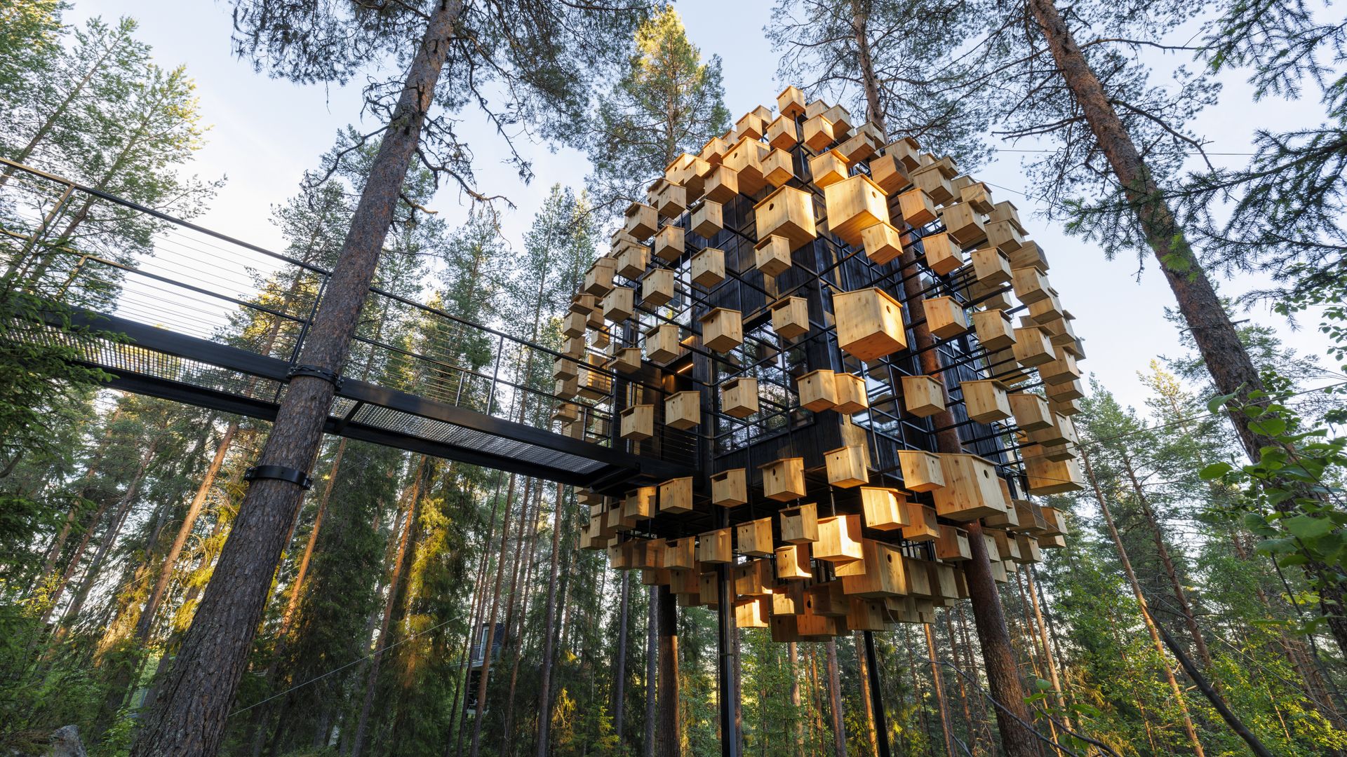 The Biosphere birdhouse hotel room.