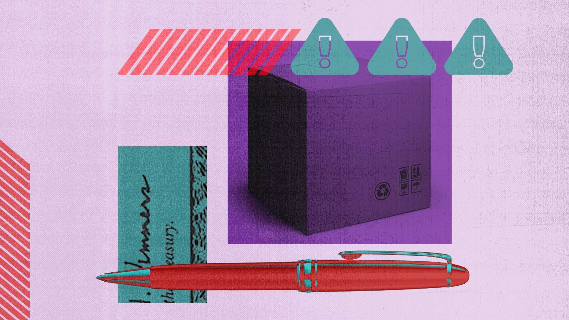 Illustration of a cardboard box and a ballpoint pen surrounded by abstract shapes and money elements.