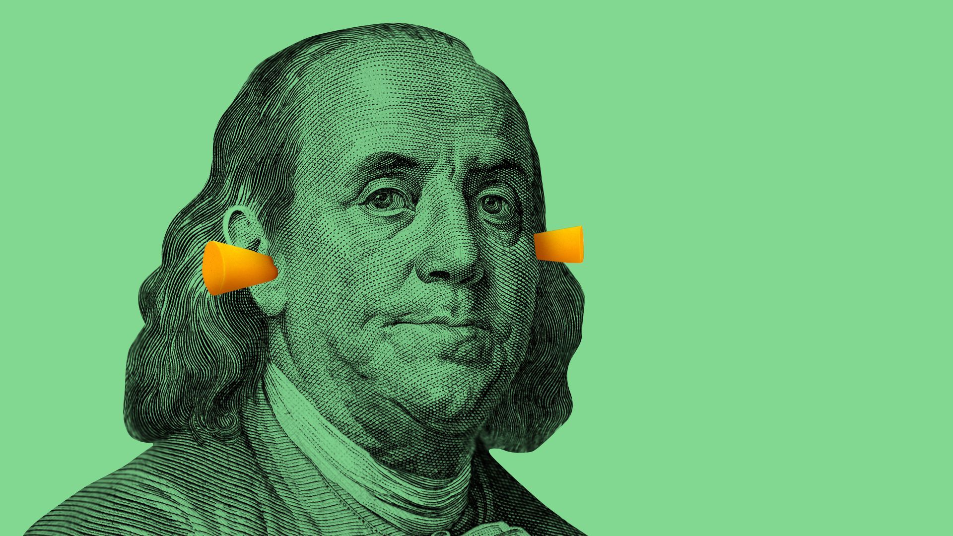 Illustration of Benjamin Franklin wearing earplugs. 