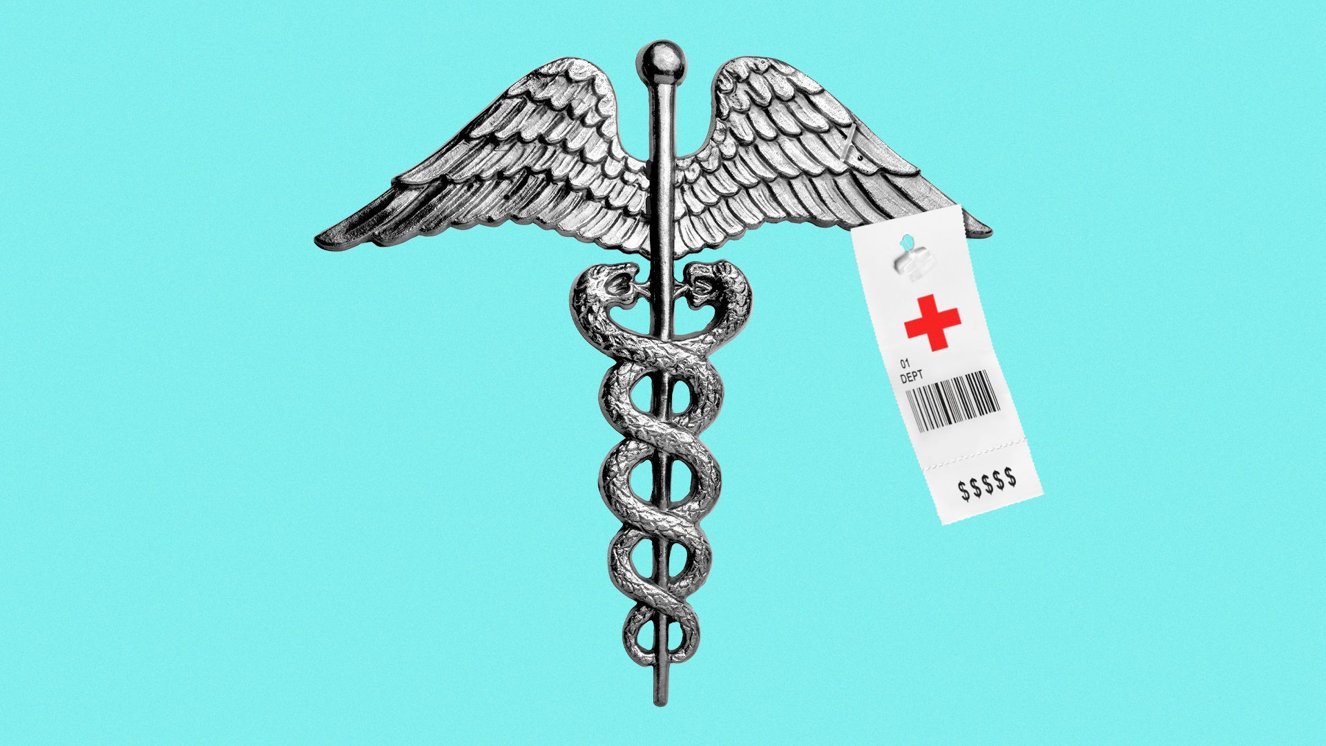 Illustration of a caduceus with a price tag