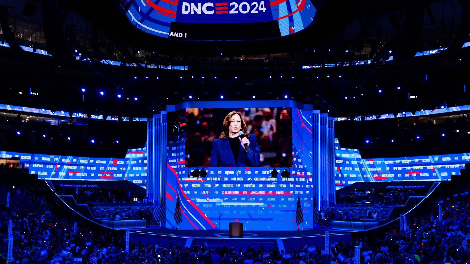 : Vice President Kamala Harris speaks to the DNC convention from Milwaukee after the roll call vote during day two of the 2024 Democratic National Convention in Chicago on Tuesday, August 20, 2024.