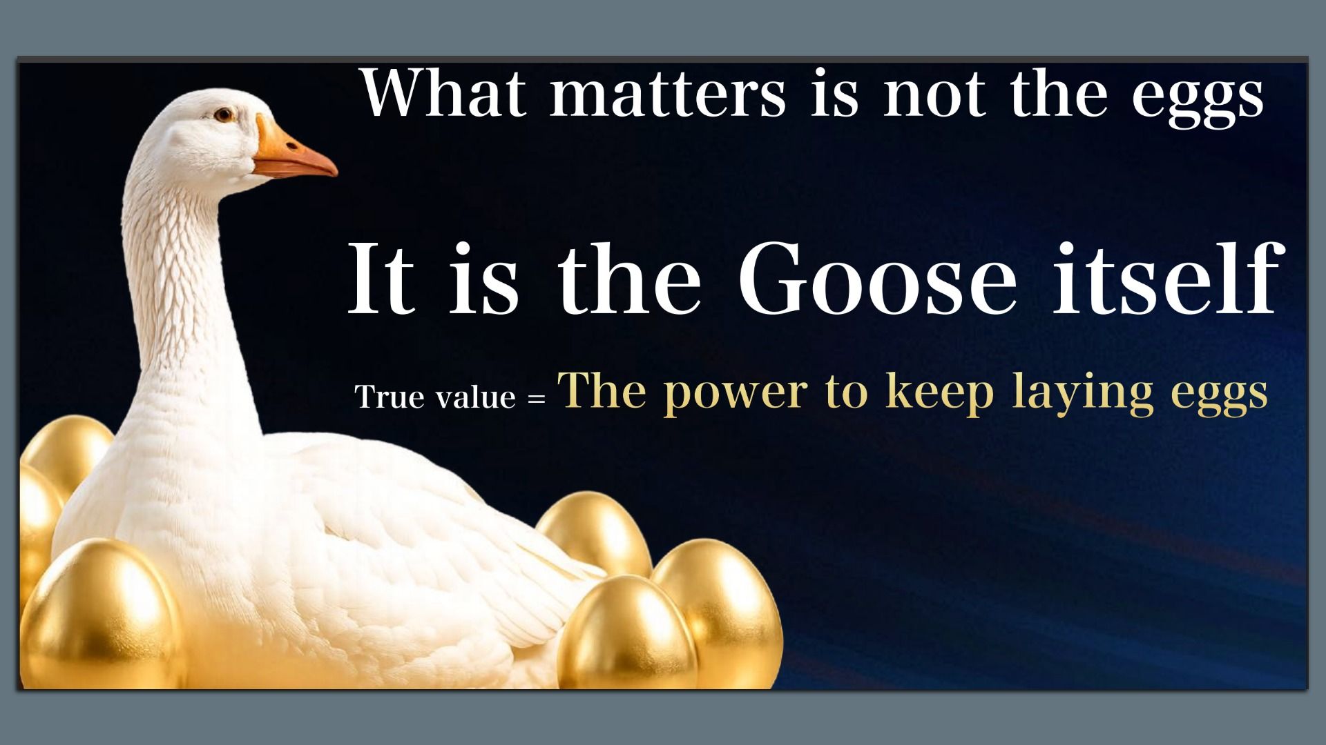 White goose on the left with golden eggs around it against a dark gradient; large white text reads "What matters is not the eggs" and "It is the Goose itself", with the subtitle "True value = The power to keep laying eggs."