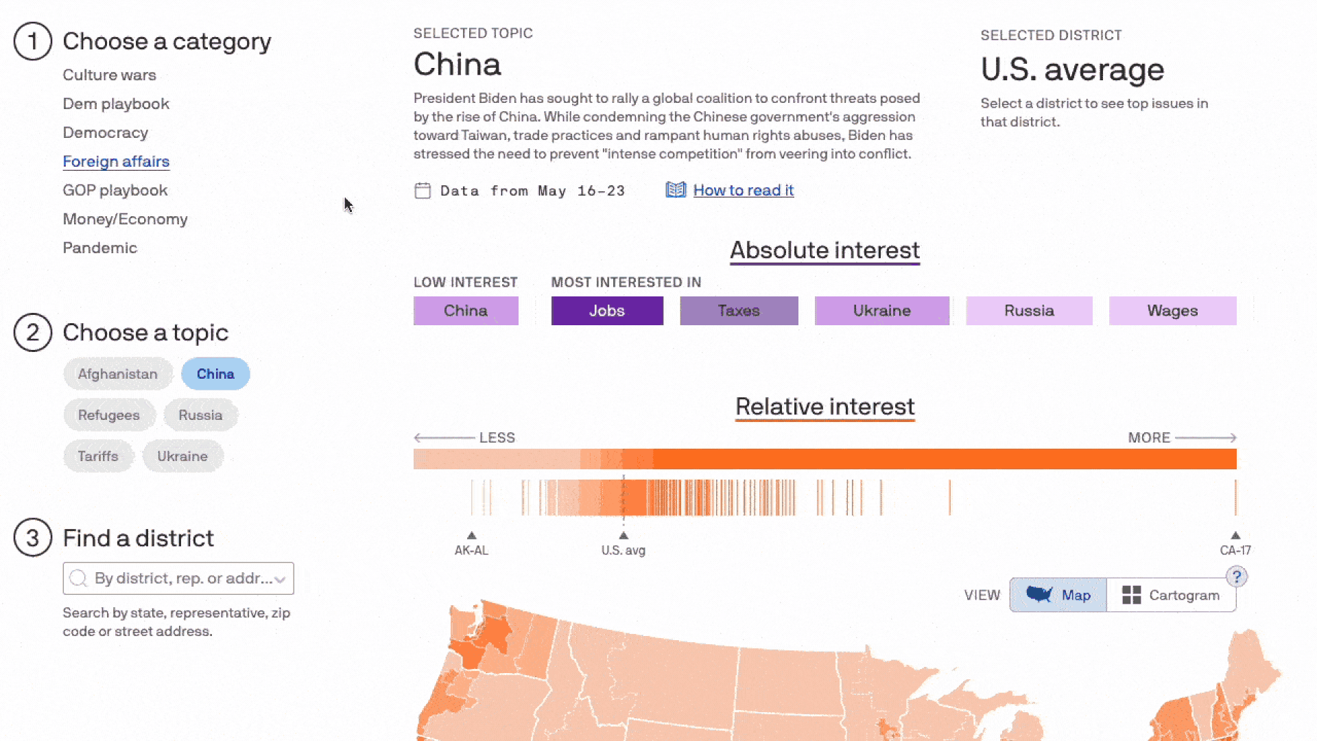 A gif showing an interactive dashboard that has a choropleth map of U.S. congressional districts' interest in various topics.