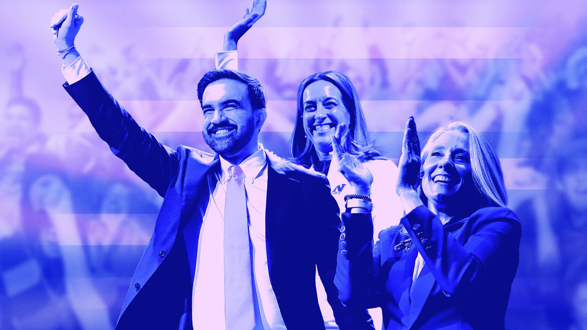 Photo illustration of Zohran Mamdani, Mikie Sherrill, and Abigail Spanberger celebrating with cheering figures and stripes behind them