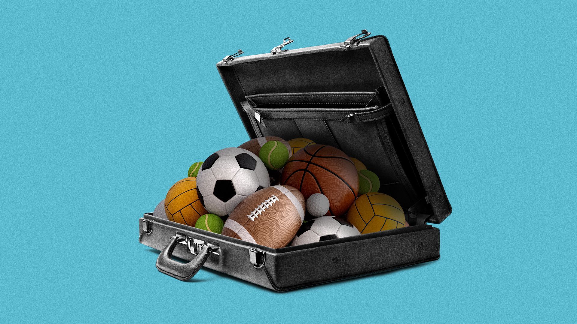 Illustration of a suitcase full of different sports balls