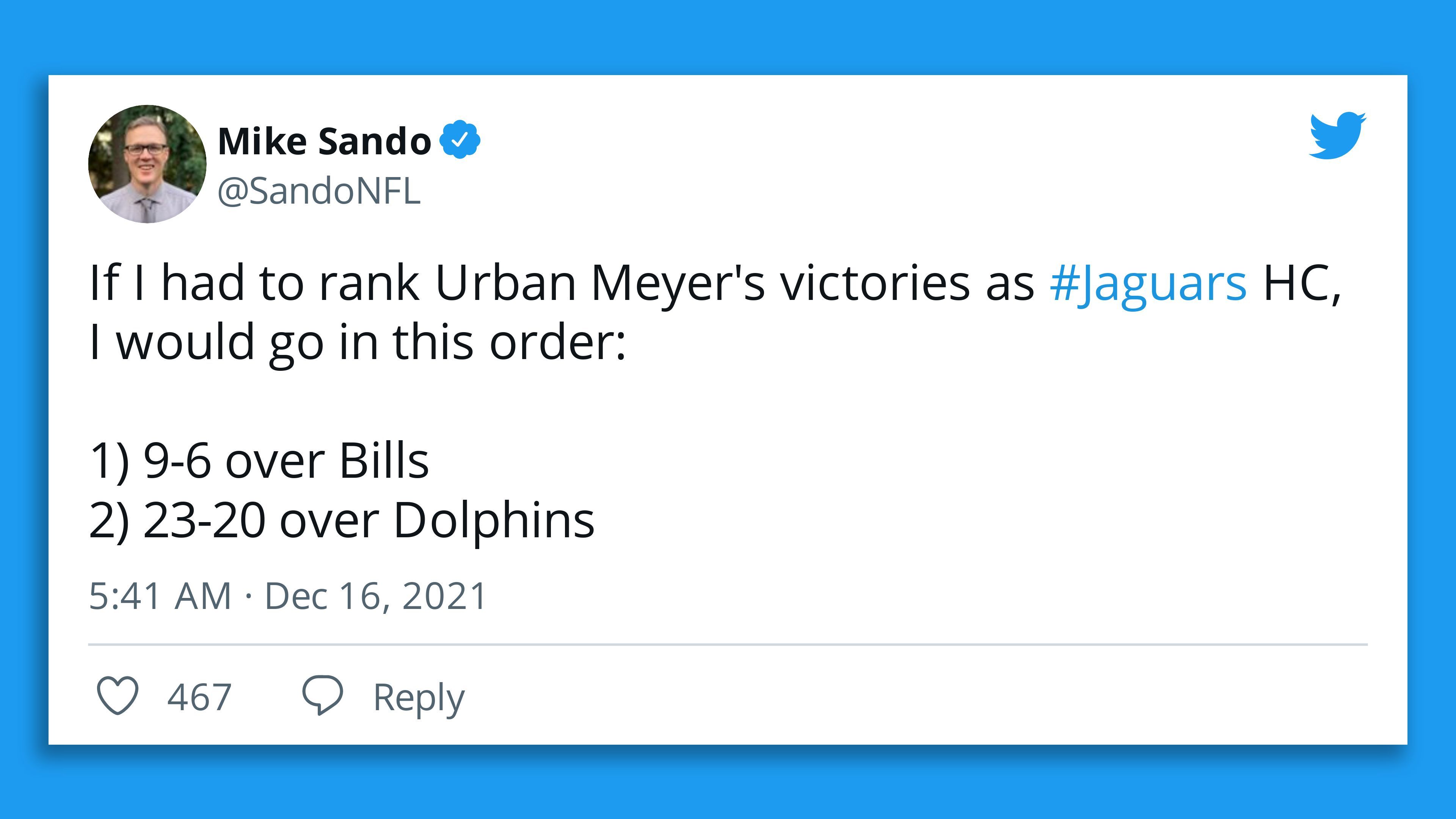 A tweet reading, "If I had to rank Urban Meyer's victories as #Jaguars HC, I would go in this order:  1) 9-6 over Bills 2) 23-20 over Dolphins."