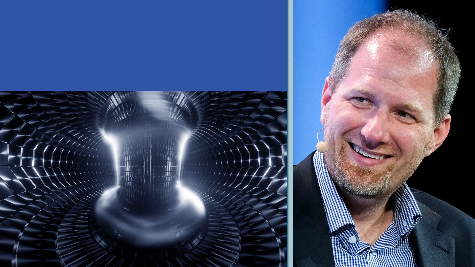 Photo illustration of Bob Mumgaard beside a fusion energy reactor.
