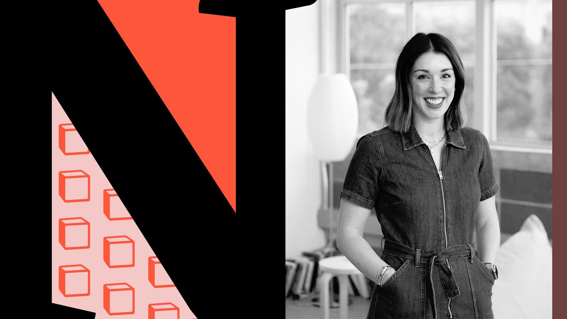 Photo illustration of Becky Sosnov surrounded by a deconstructed Notion logo.