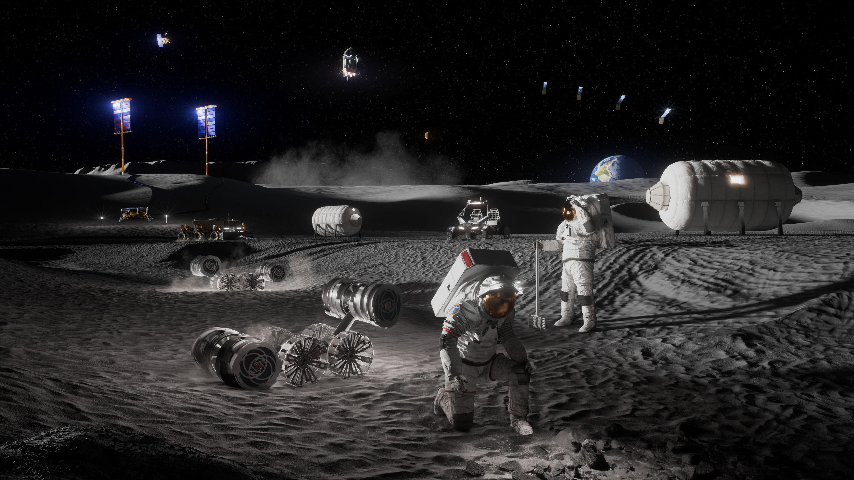 Artist's rendering depicting astronauts, habitats, rovers, power systems, and cargo operations supporting sustained human activities at the Moon Base near the lunar South Pole.