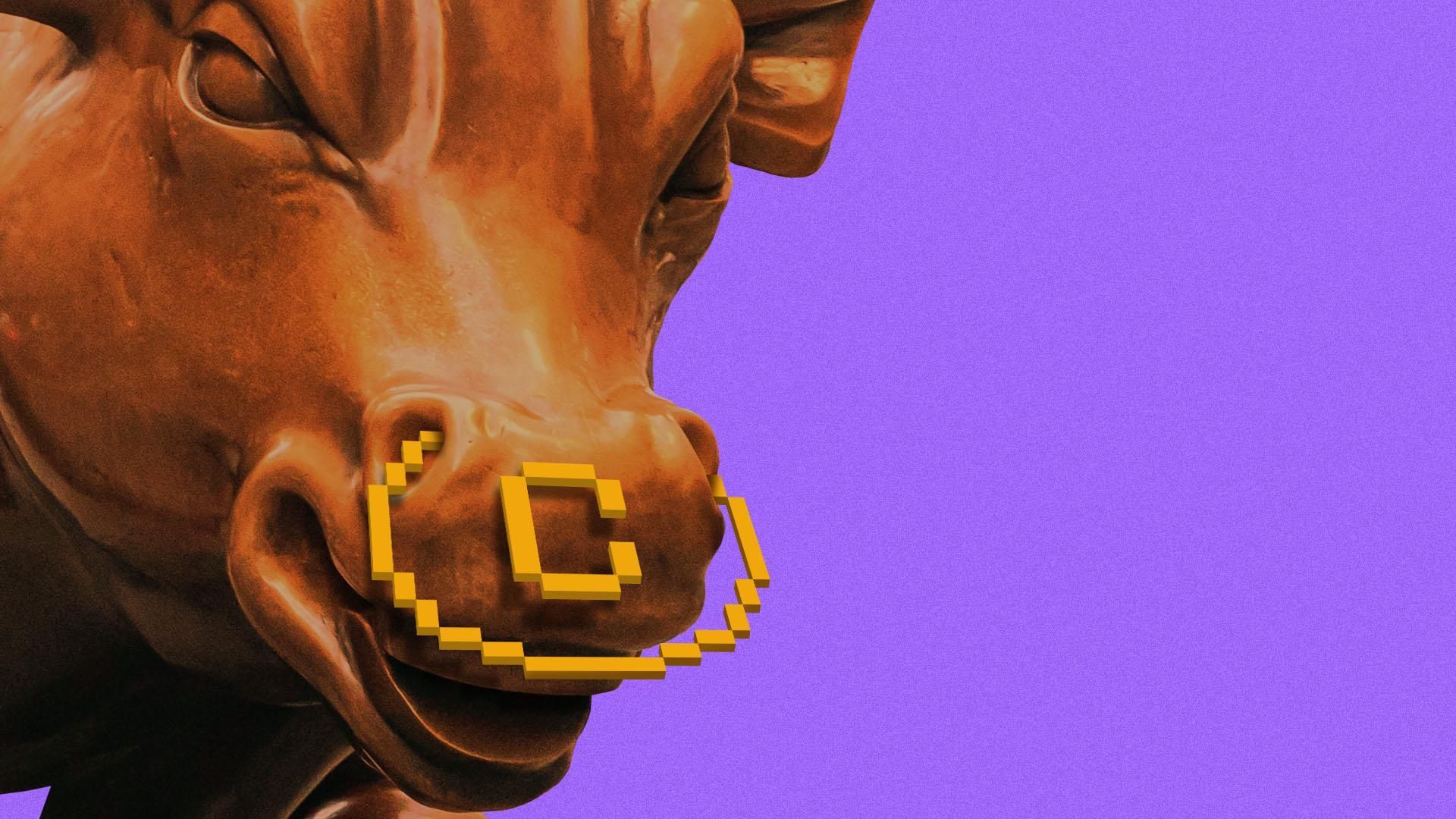 Illustration of The Charging Bull sculpture with a nose ring in the shape of a digital crypto coin