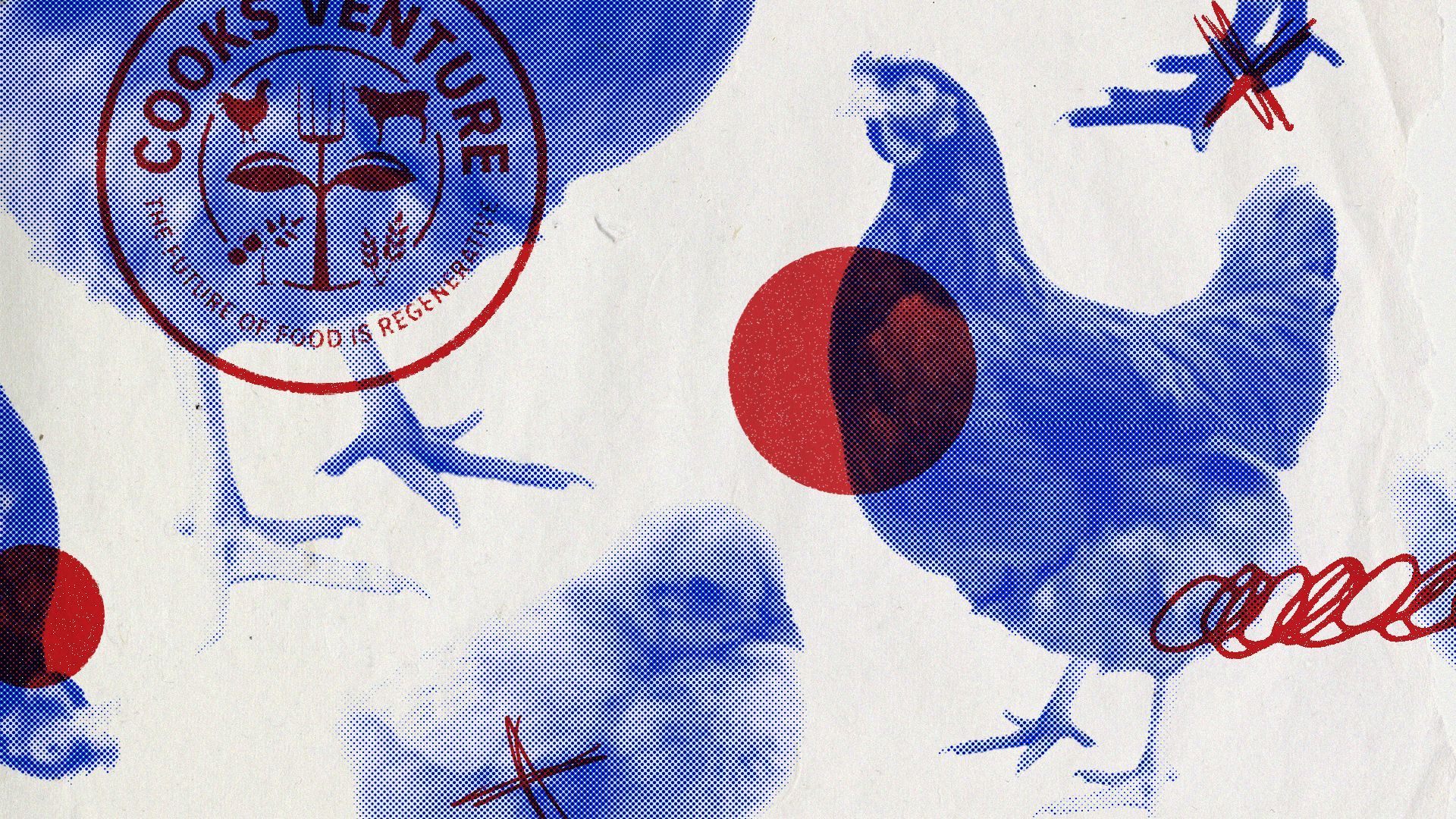 Illustration of chickens and chick with abstract shapes.