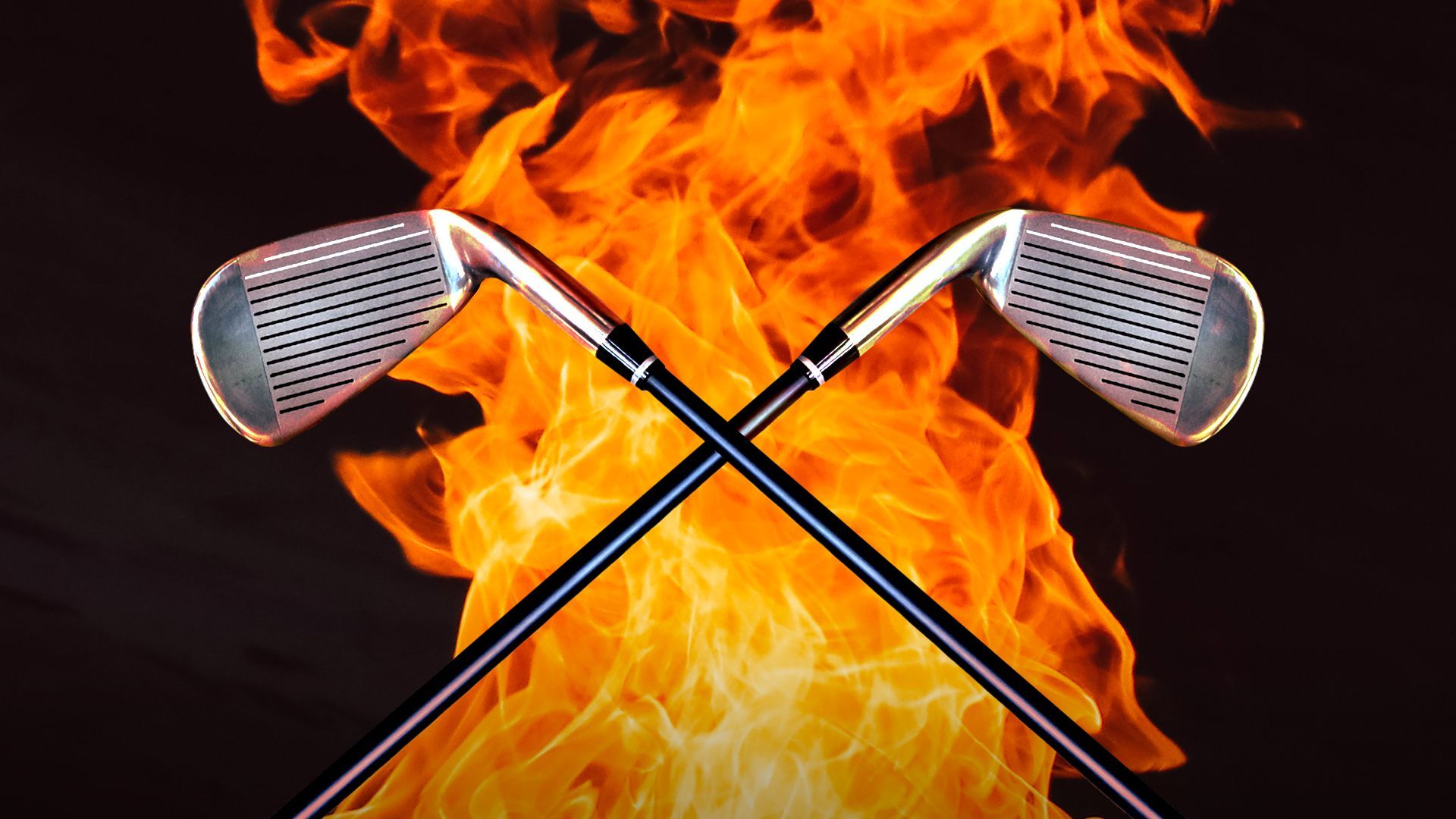 Illustration of two golf clubs crossed in front of a large fire