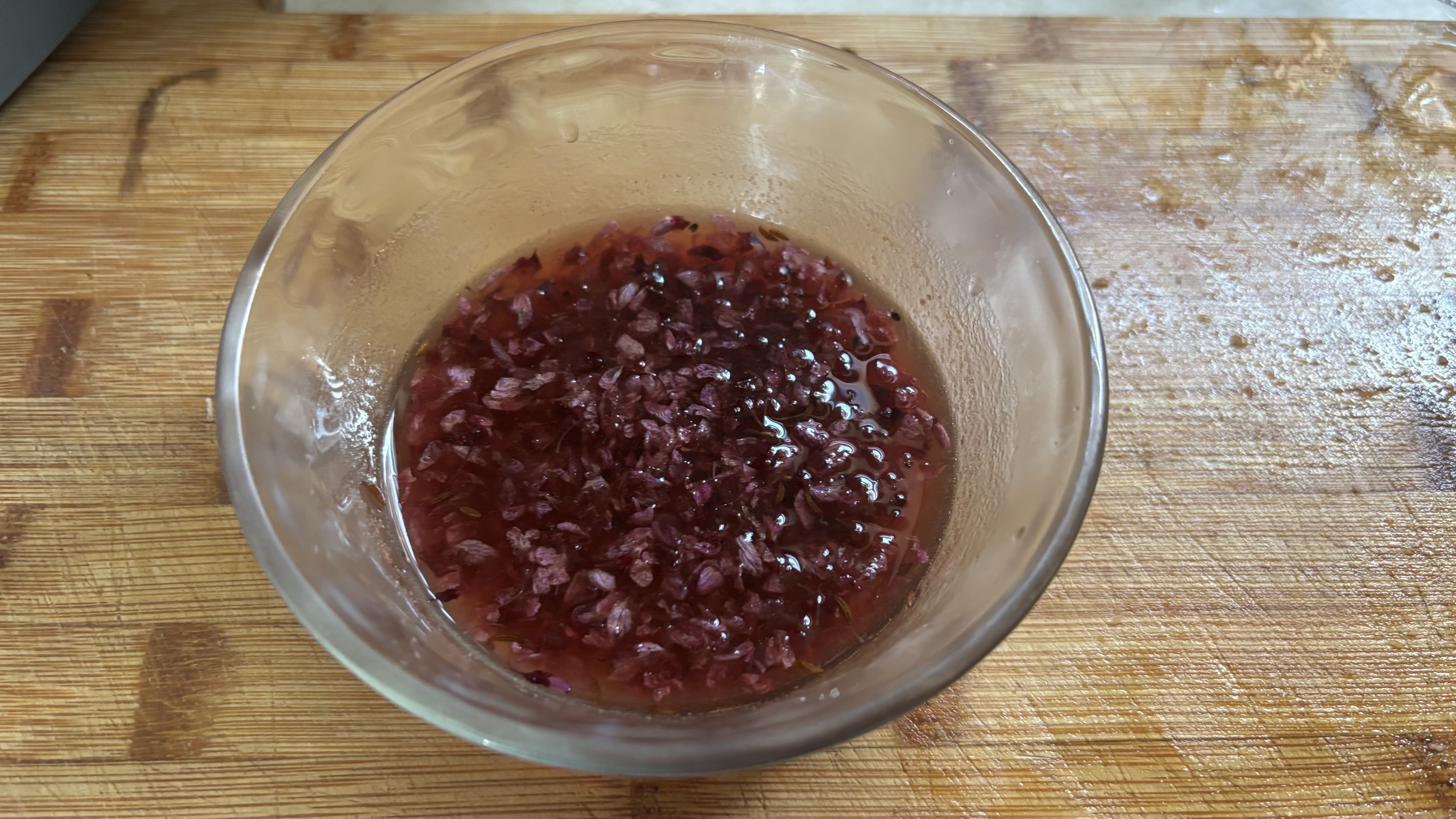 Sweet relish made with redbud flowers and apple cider vinegar