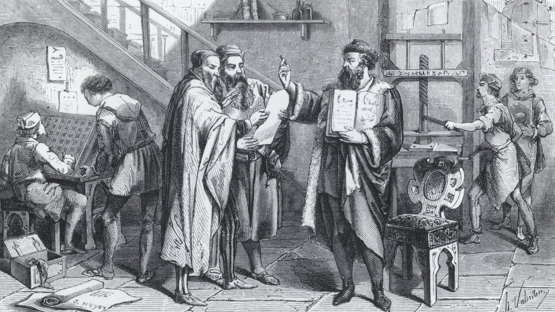 A drawing of Gutenberg and his printing press