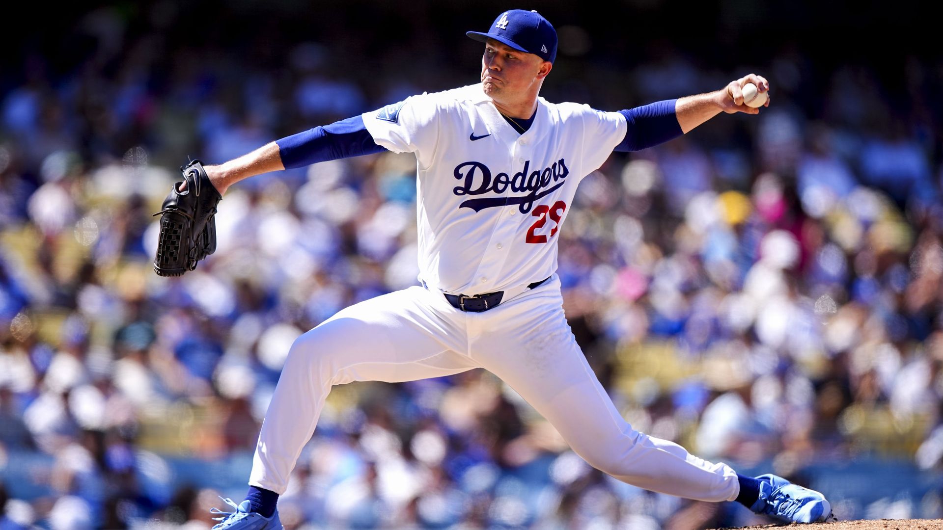 Tarik Skubal pitches against the Brewers this month for the Dodgers.