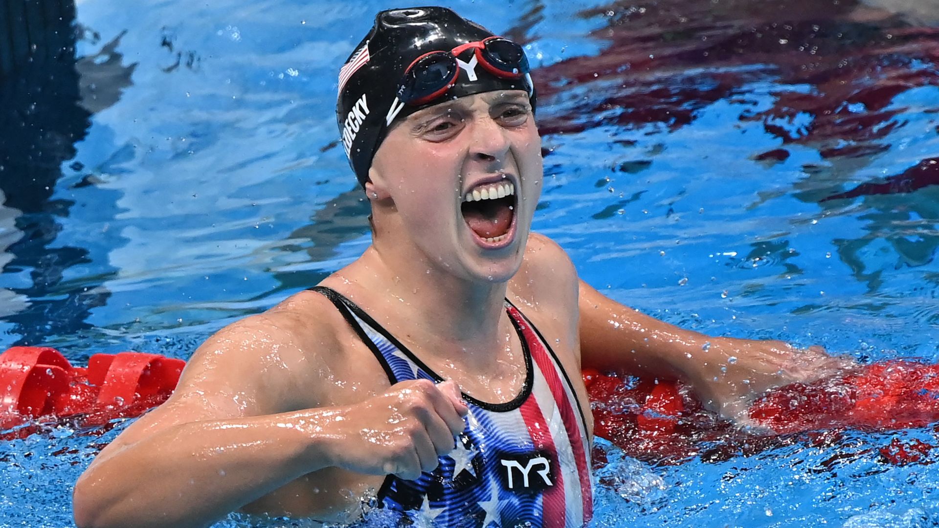 - USA's Kathleen Ledecky celebrates after winning the final of the women's 1500m freestyle swimming event during the Tokyo 2020 Olympic Games at the Tokyo Aquatics Centre in Tokyo on July 28
