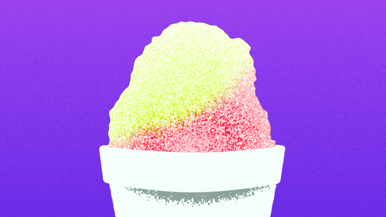 Illustration of a sno-ball that gets eaten, and then the cup gets refilled with ice and syrup.