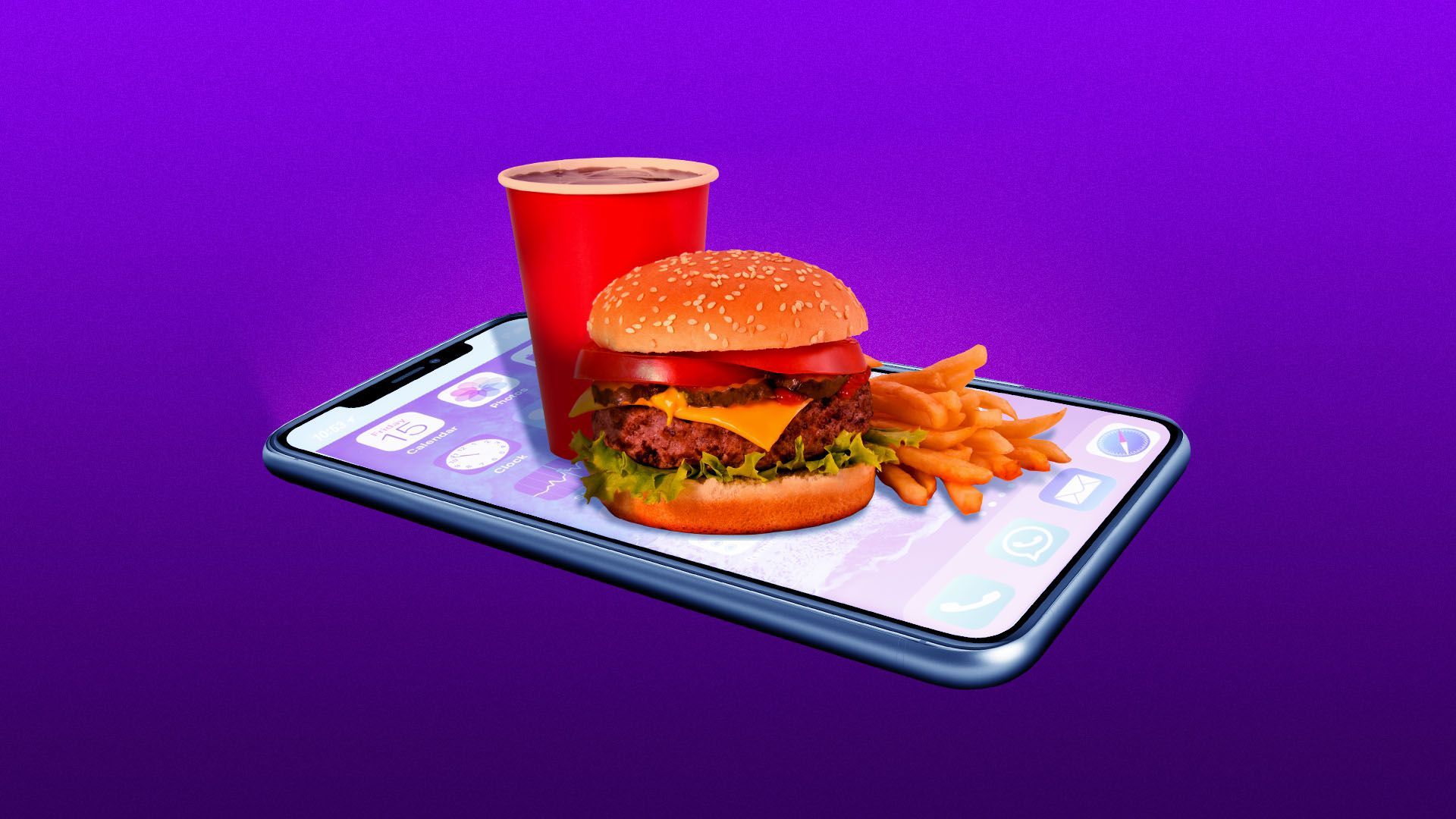 Illustration of a burger, drink, and fries, sitting on a cell phone as if it were a tray