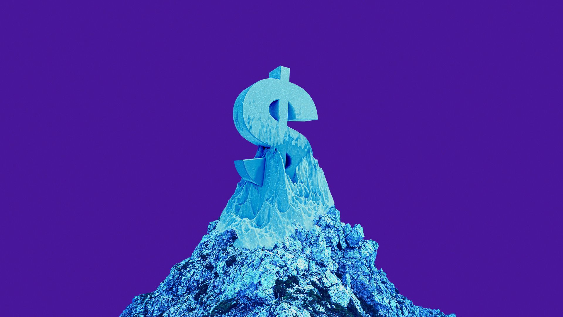 Illustration of a blue mountain with dollar sign made of ice on top.