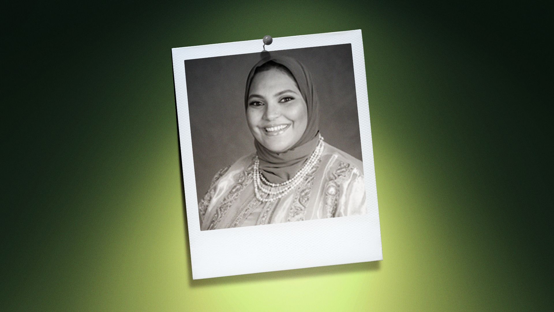 Photo illustration of Nadia Allam in a polaroid-style frame surrounded by a lime green background.