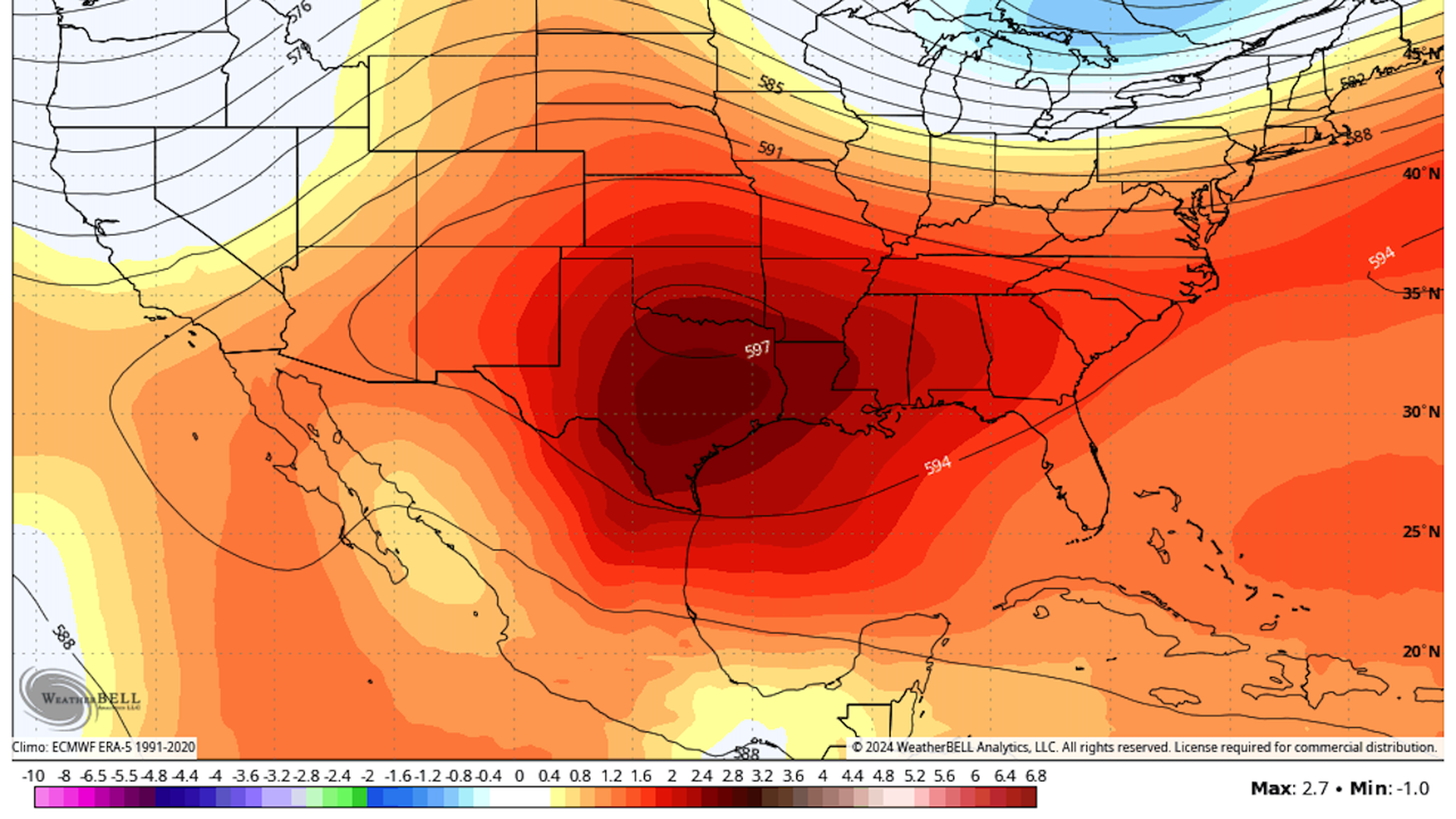 Map showing the a location and intensity of a heat dome across the South during the last weekend of June.