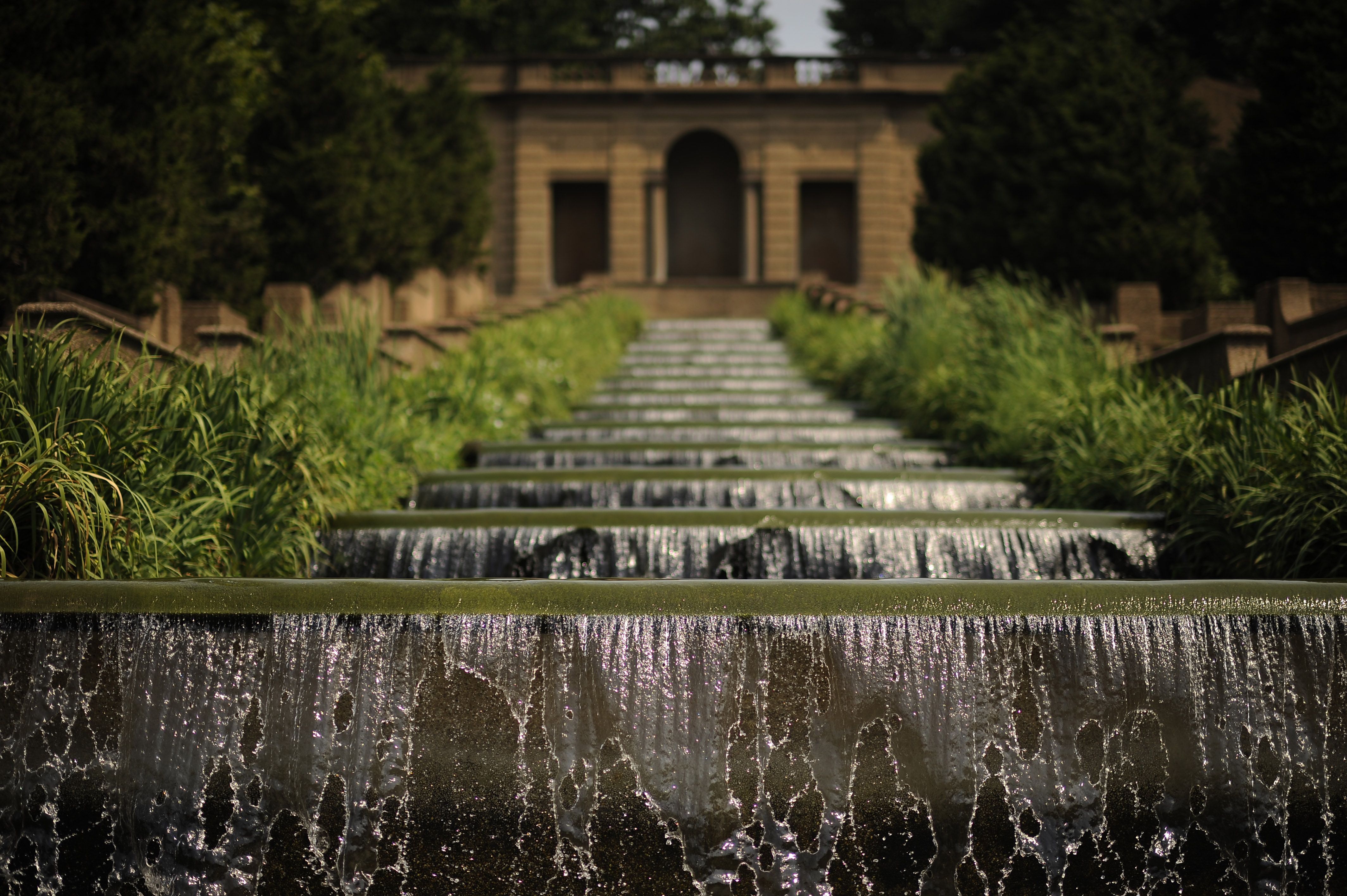 An archived picture of the cascading fountain when it had running water