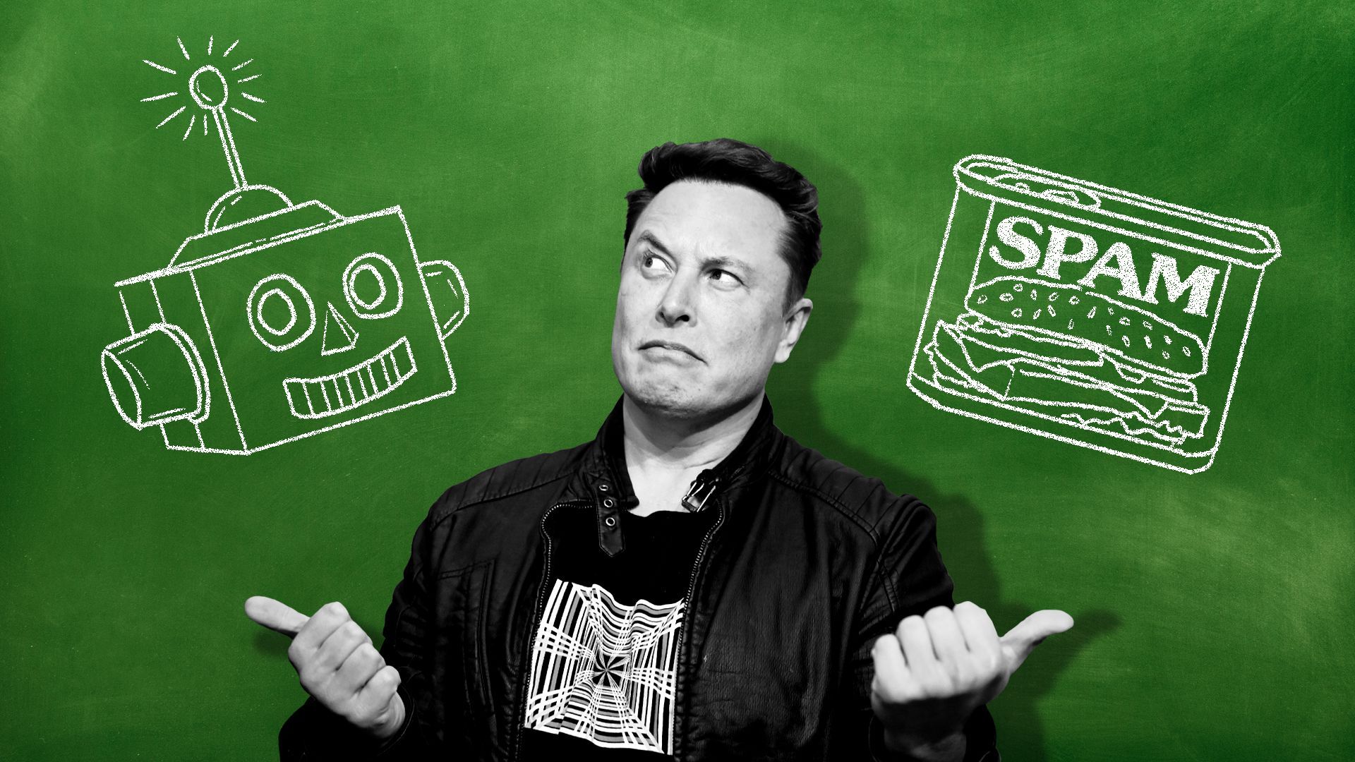 Photo illustration of Elon Musk standing in front of a chalkboard featuring a drawing of a robot and a can of spam