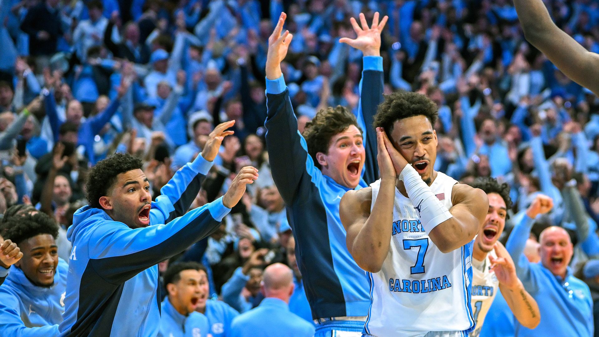 Seth Trimble #7 of the North Carolina Tar Heels reacts after making the game-winning shot against the Duke Blue Devils at the end of the home game in Chapel Hill.