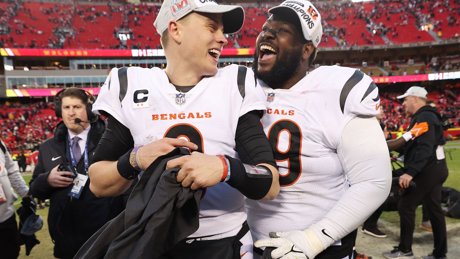 Cincinnati Bengals players Joe Burrow and Tyler Shelvin celebrate the AFC Championship Game.