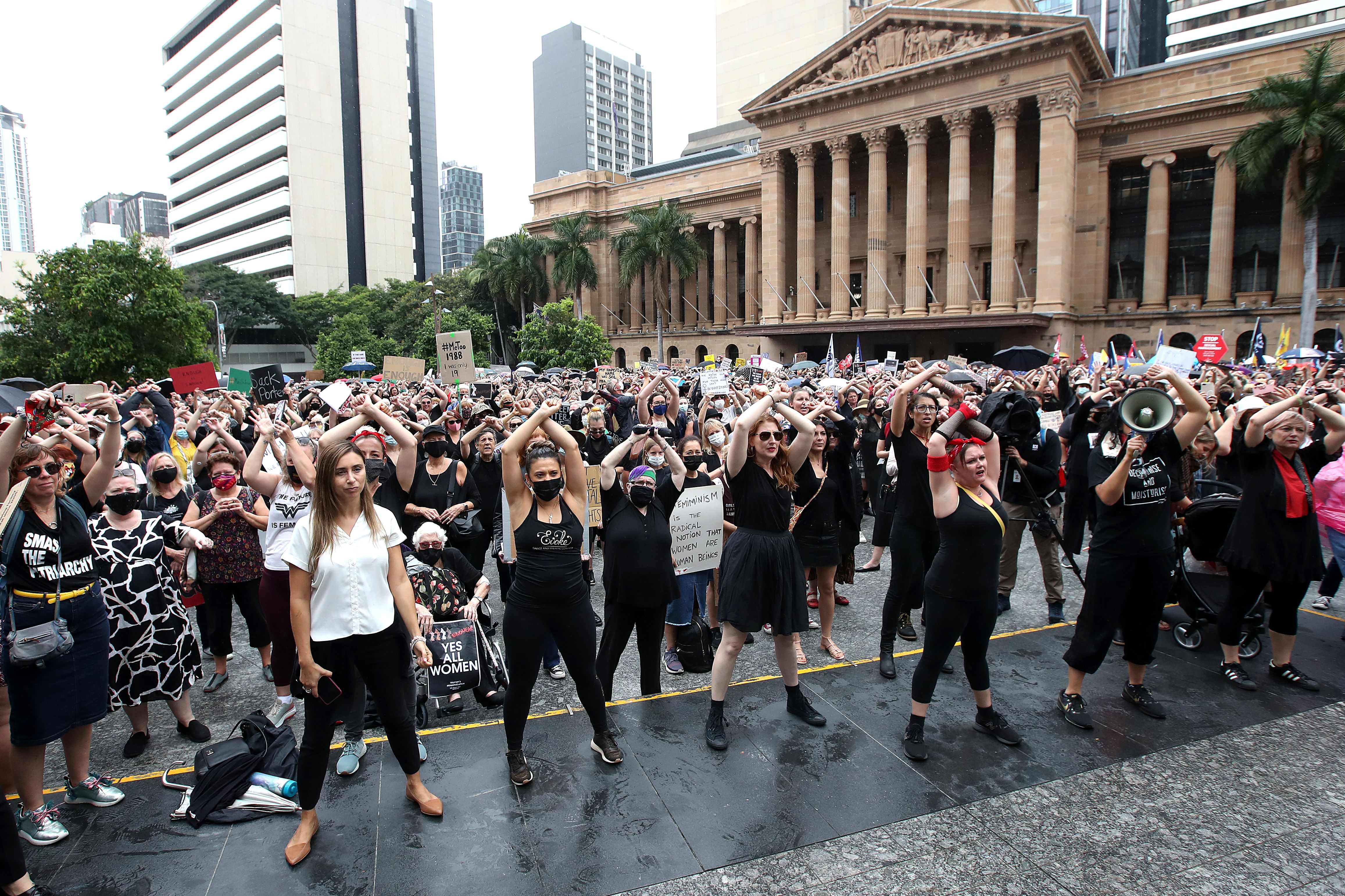 Protestors attend a rally in King George Square on March 15, 2021 in Brisbane, Australia. 