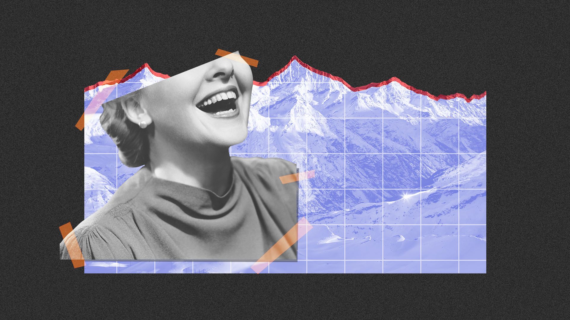 Illustration of a smiling woman with the Swiss Alps behind her, looking like a stock chart