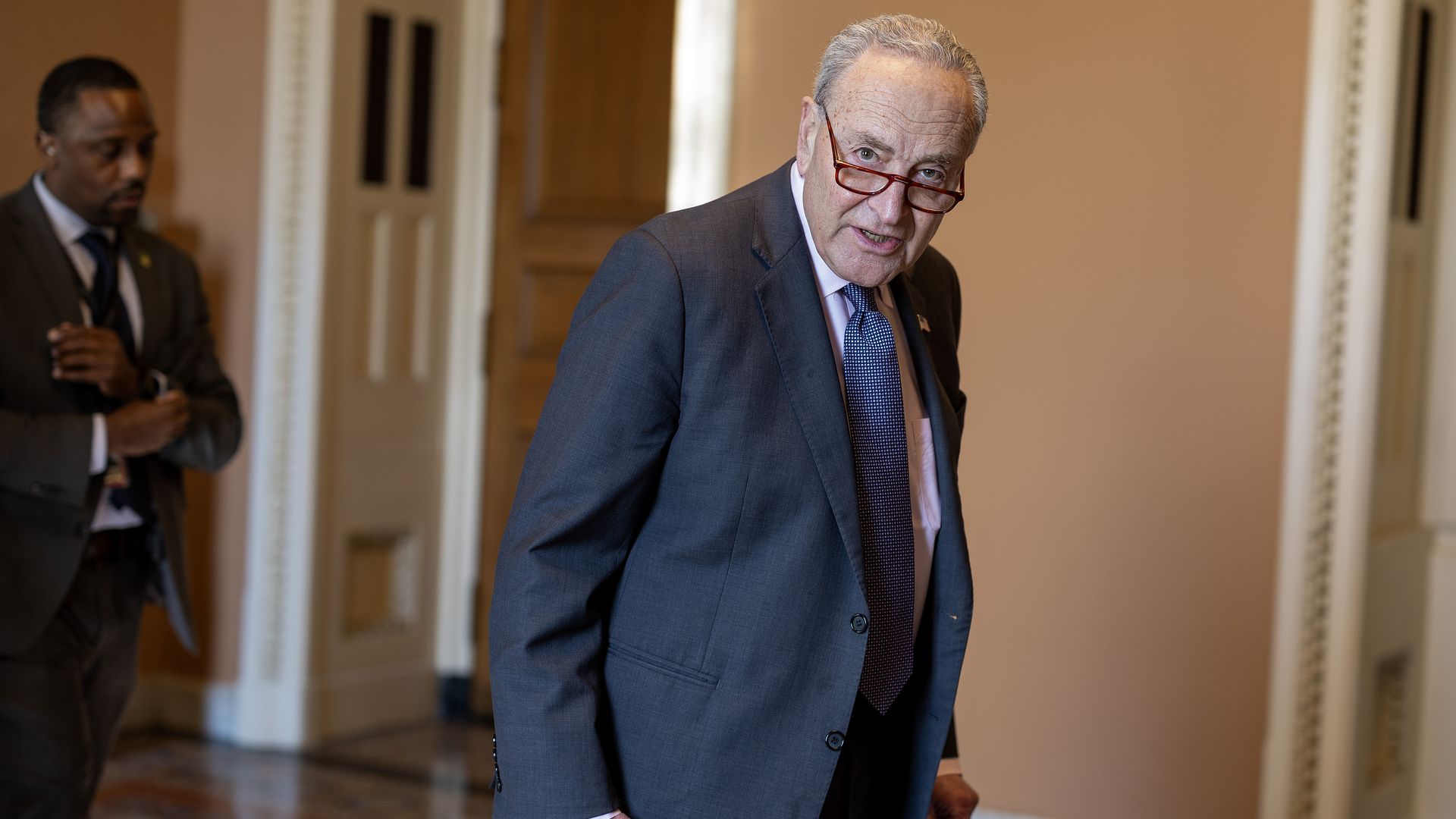 Senate Minority Leader Chuck Schumer (D-NY) walks to the senate floor on April 01, 2025 in Washington, DC.