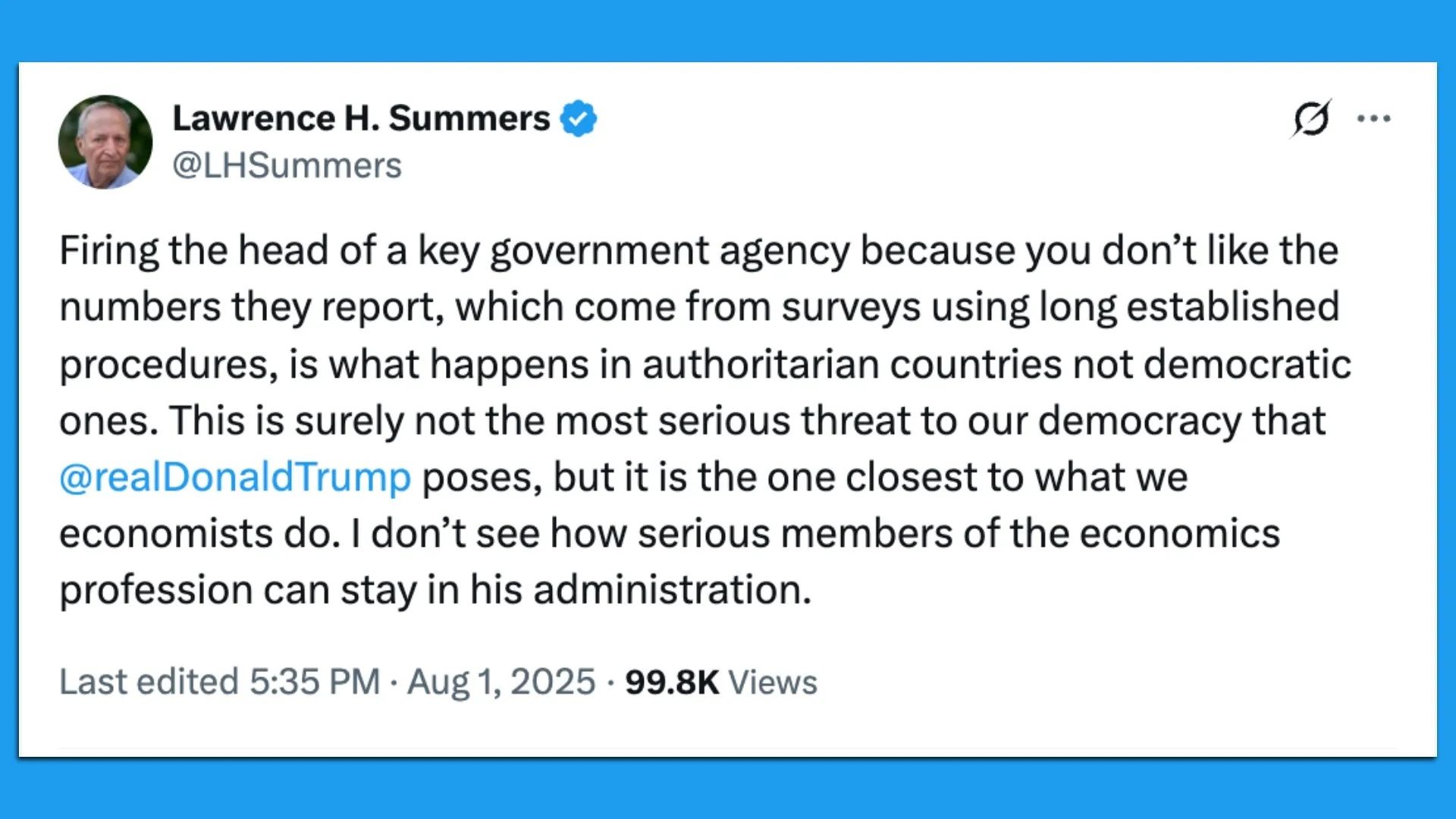 Former Treasury Secretary Larry Summers speaks out against McEntarfer's firing .Screenshot via X