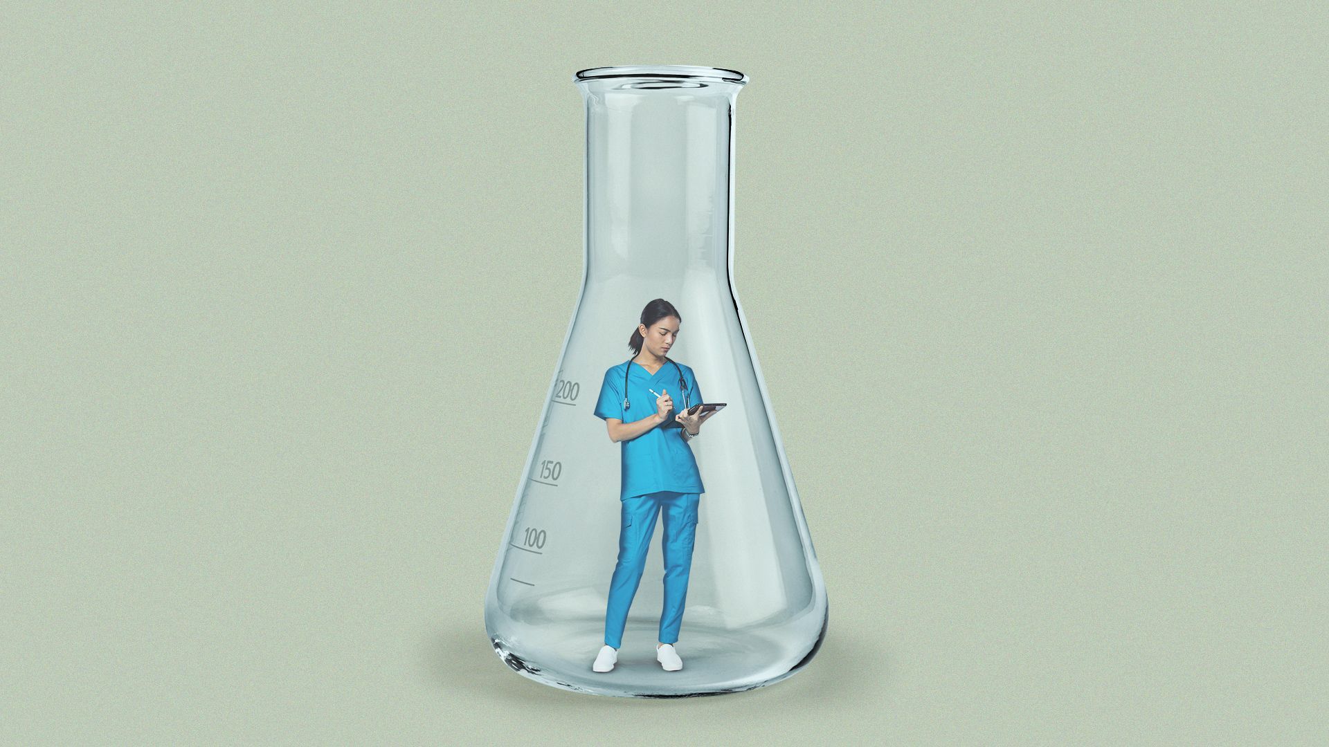 Illustration of a nurse working and holding a chart in a glass beaker. 