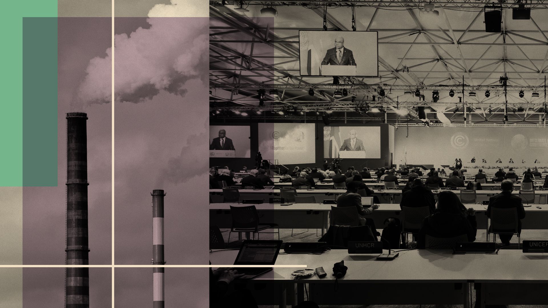 COP26 assembly shown next to smoke stacks with layered shapes. 