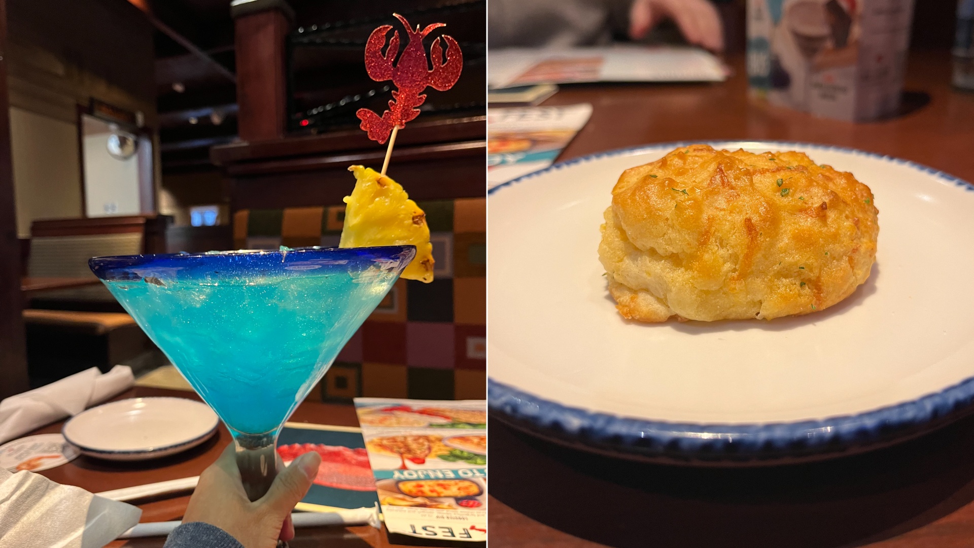 a blue margarita and a cheddar biscuit on the right on a plate