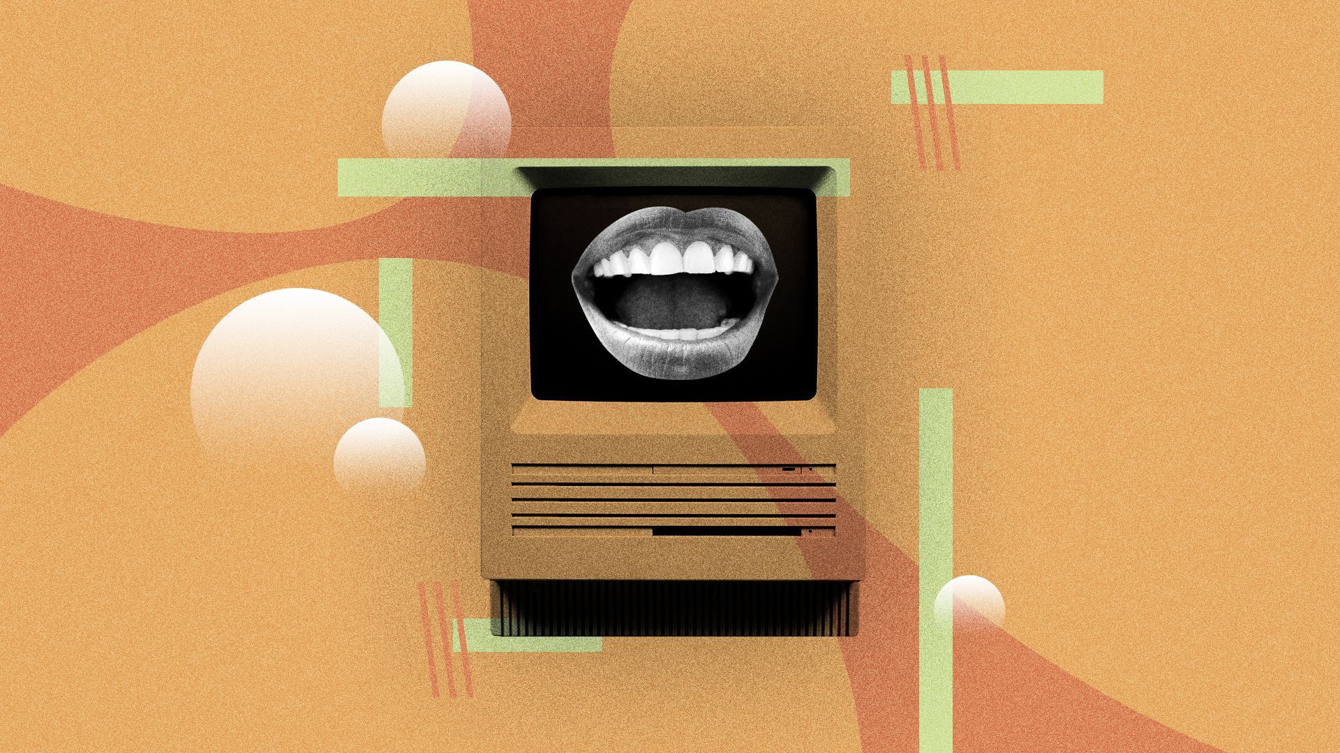 Illustration of an old computer with a mouth on the screen. 