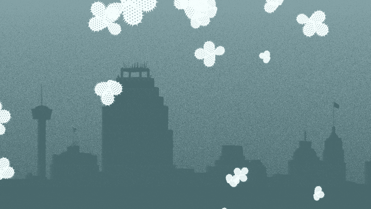 Animated illustration of the San Antonio skyline with snowflakes in the shape of prickly pear cacti falling on it.