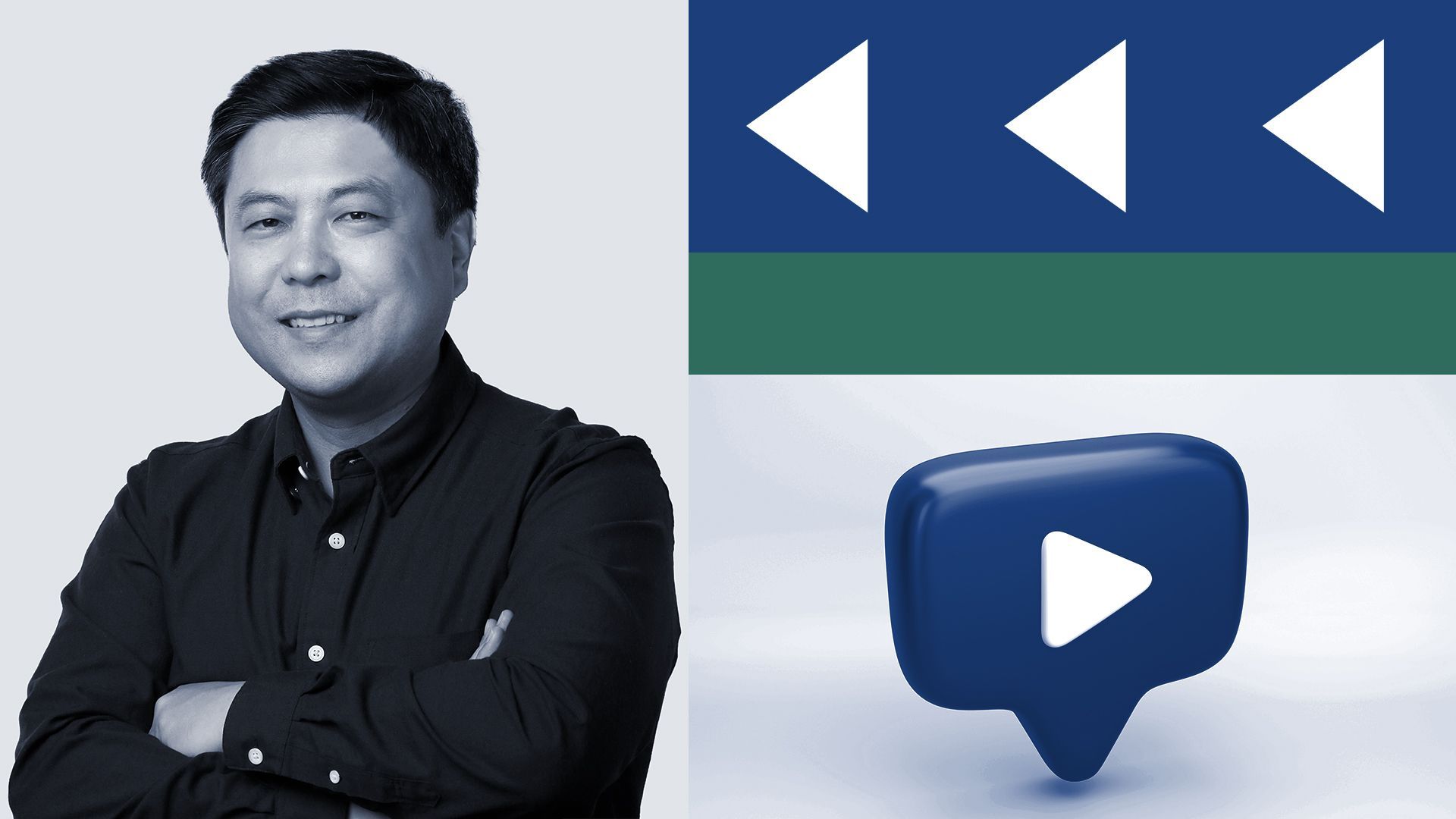 Photo illustration of Ikkjin Ahn next to abstract shapes and a 3D play button.