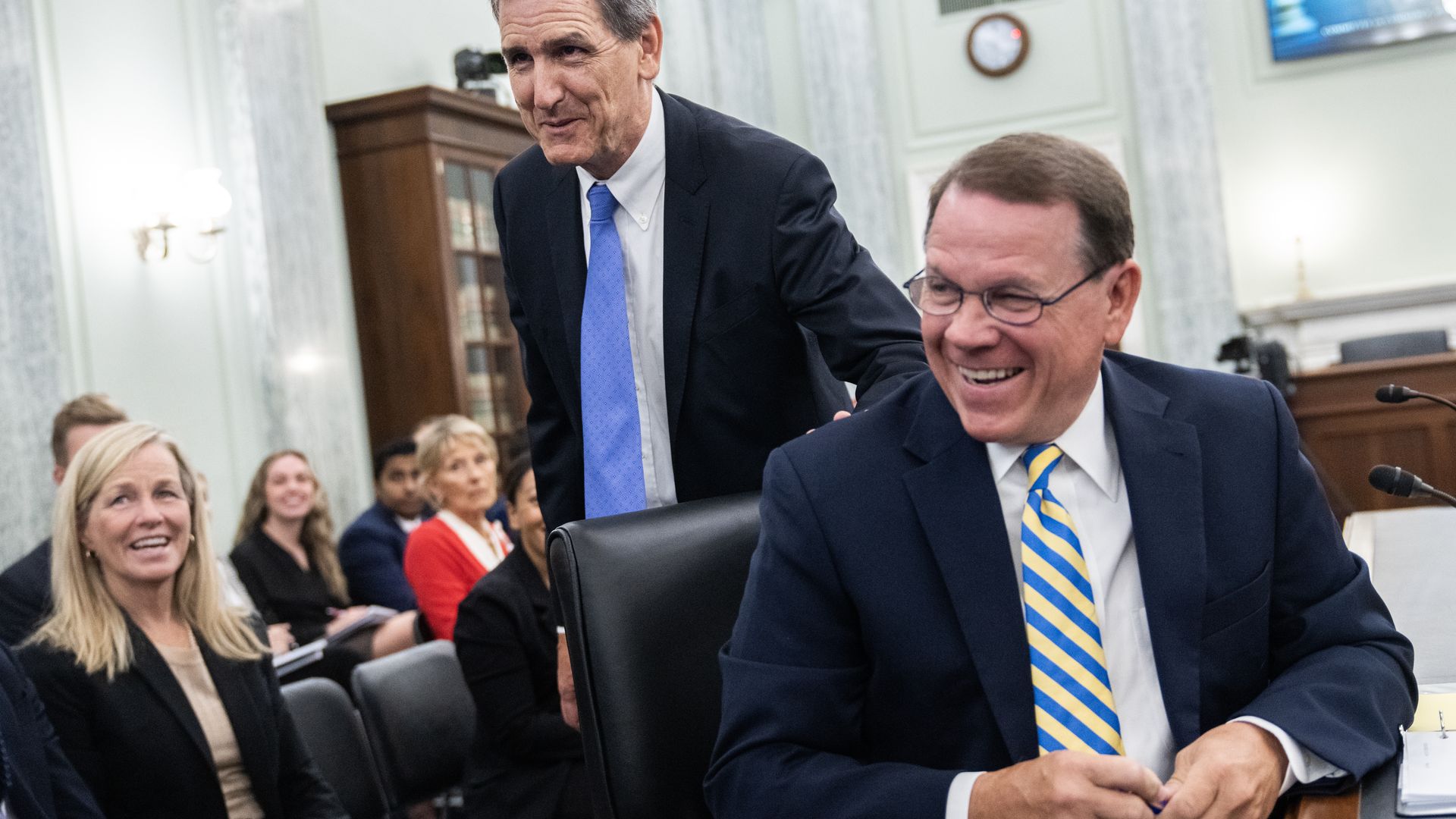Aviation Administration, and Rep. Sam Graves, R-Mo., talk with Sen. Peter Welch, D-Vt., off camera, during Whitaker's Senate Commerce, Science and Transportation Committee confirmation hearing in Russell Building, Wednesday, October 4, 2023. Graves introduced Whitaker to the committee. (Tom Williams