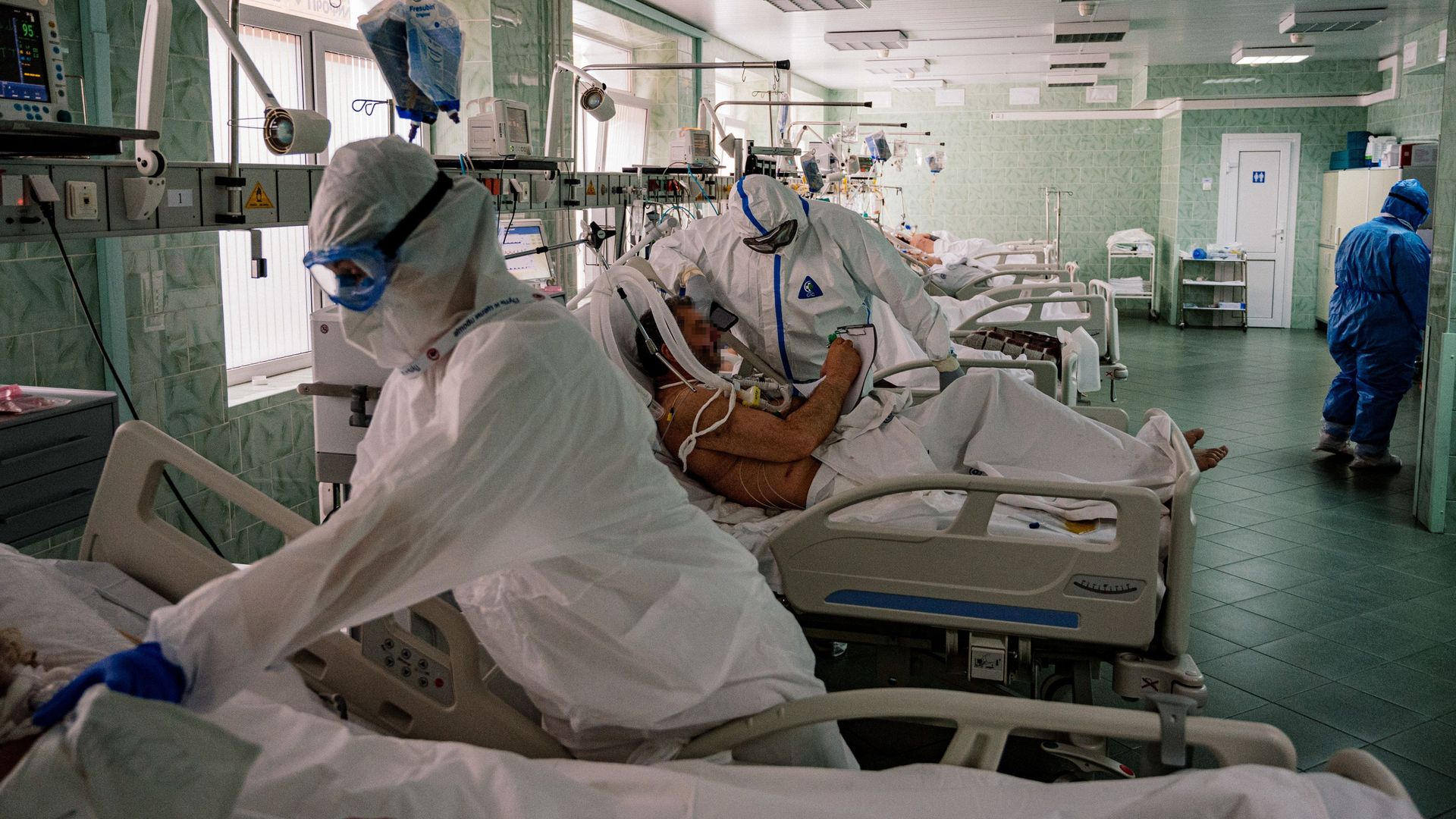 Doctors taking care of coronavirus patients in a Russian hospital