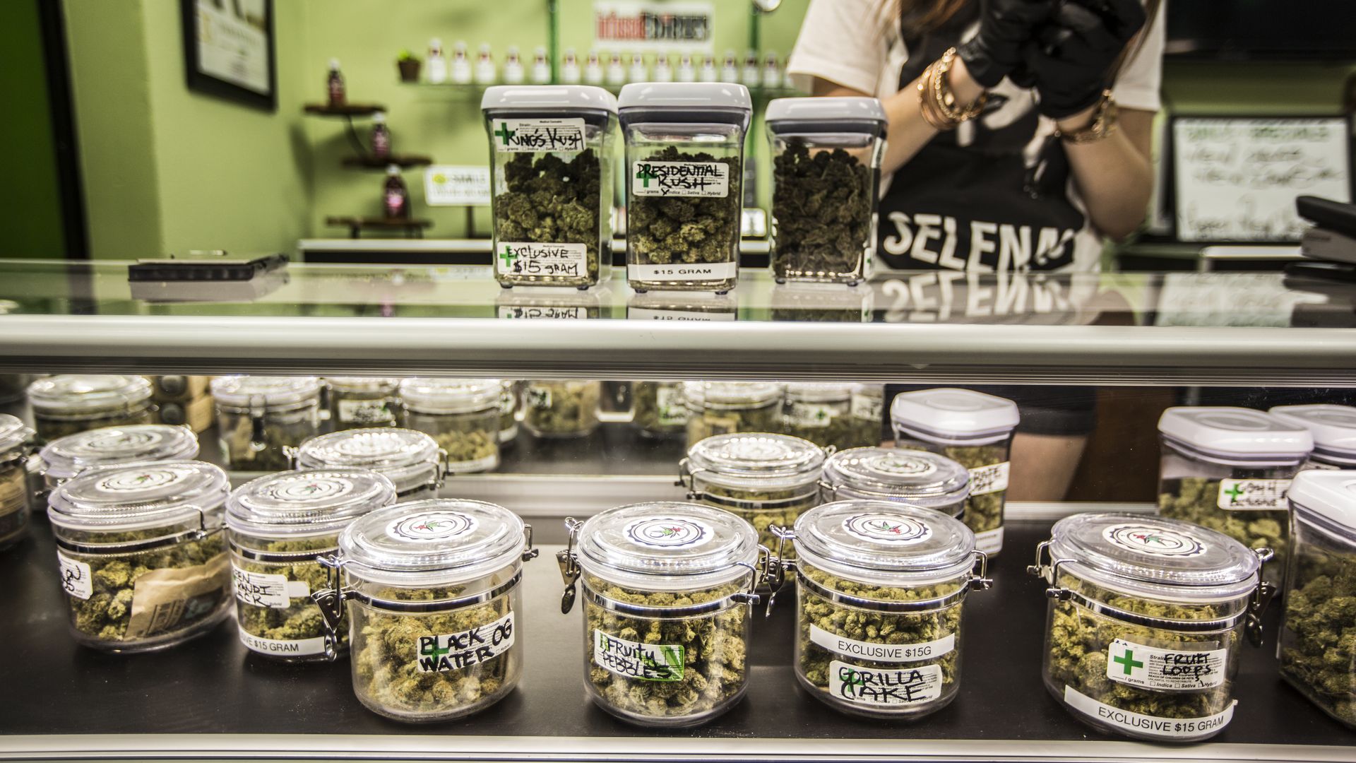 Containers of recreational marijuana for sale at a dispensary in California