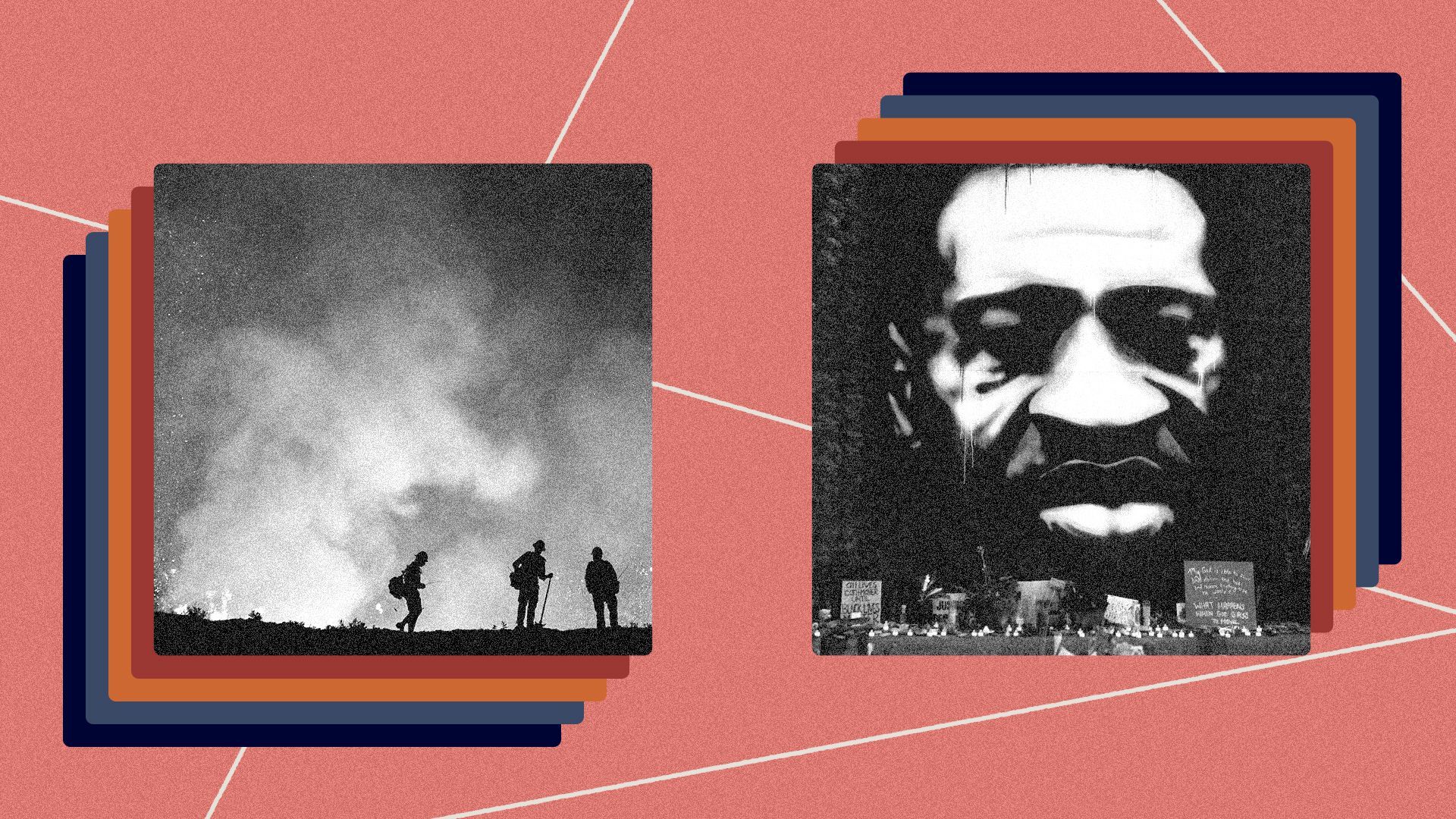 Photo illustration of images of a huge fire and a mural of George Floyd.
