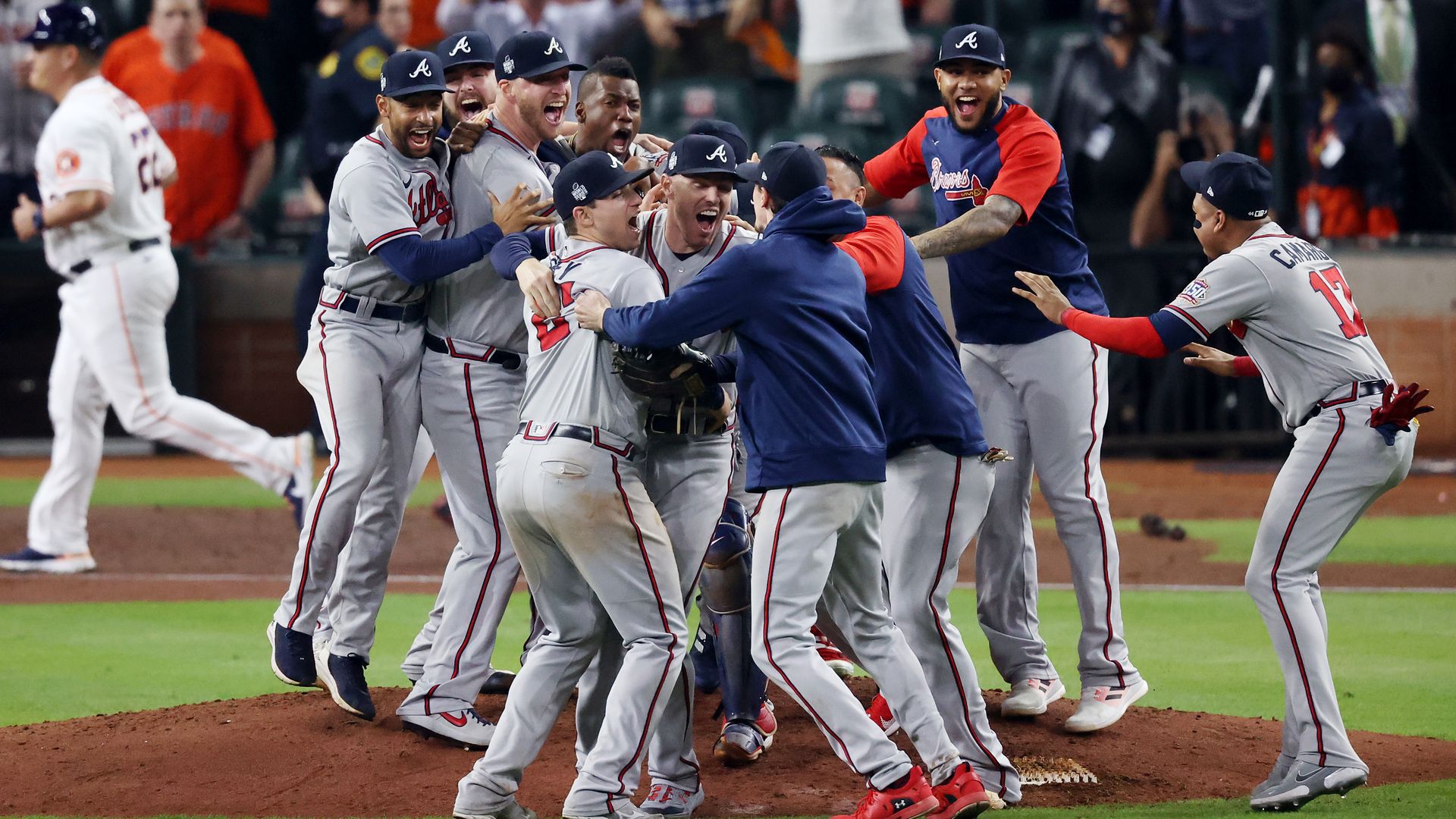 The Atlanta Braves celebrate their 7-0 victory against the Houston Astros in Game Six to win the 2021 World Series at Minute Maid Park on November 02, 2021 in Houston, Texas. 