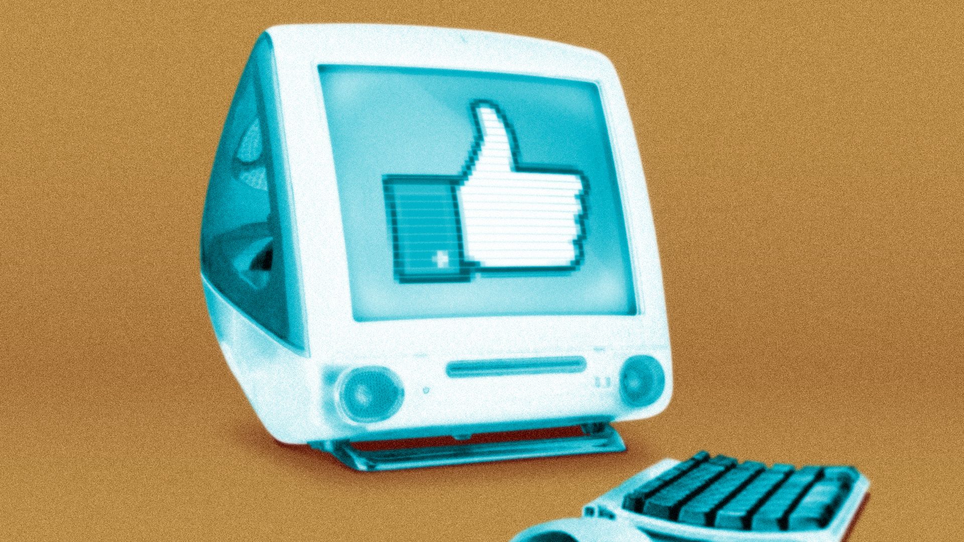 Illustration of a 1990s Apple iMac computer with a Facebook thumbs-up "like" icon on the screen.