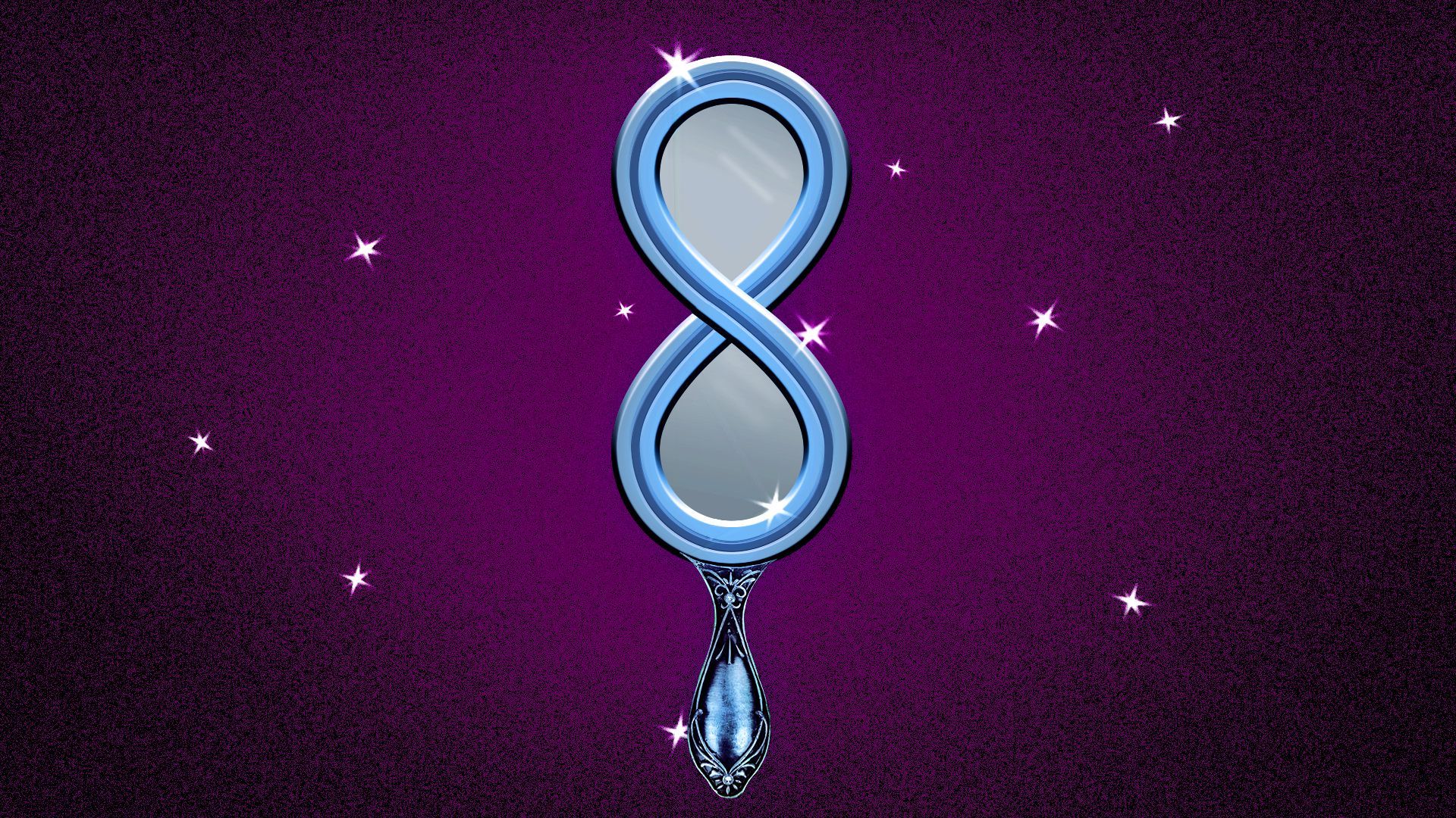 Illustration of a hand mirror shaped like an infinity symbol and surrounded by stars.