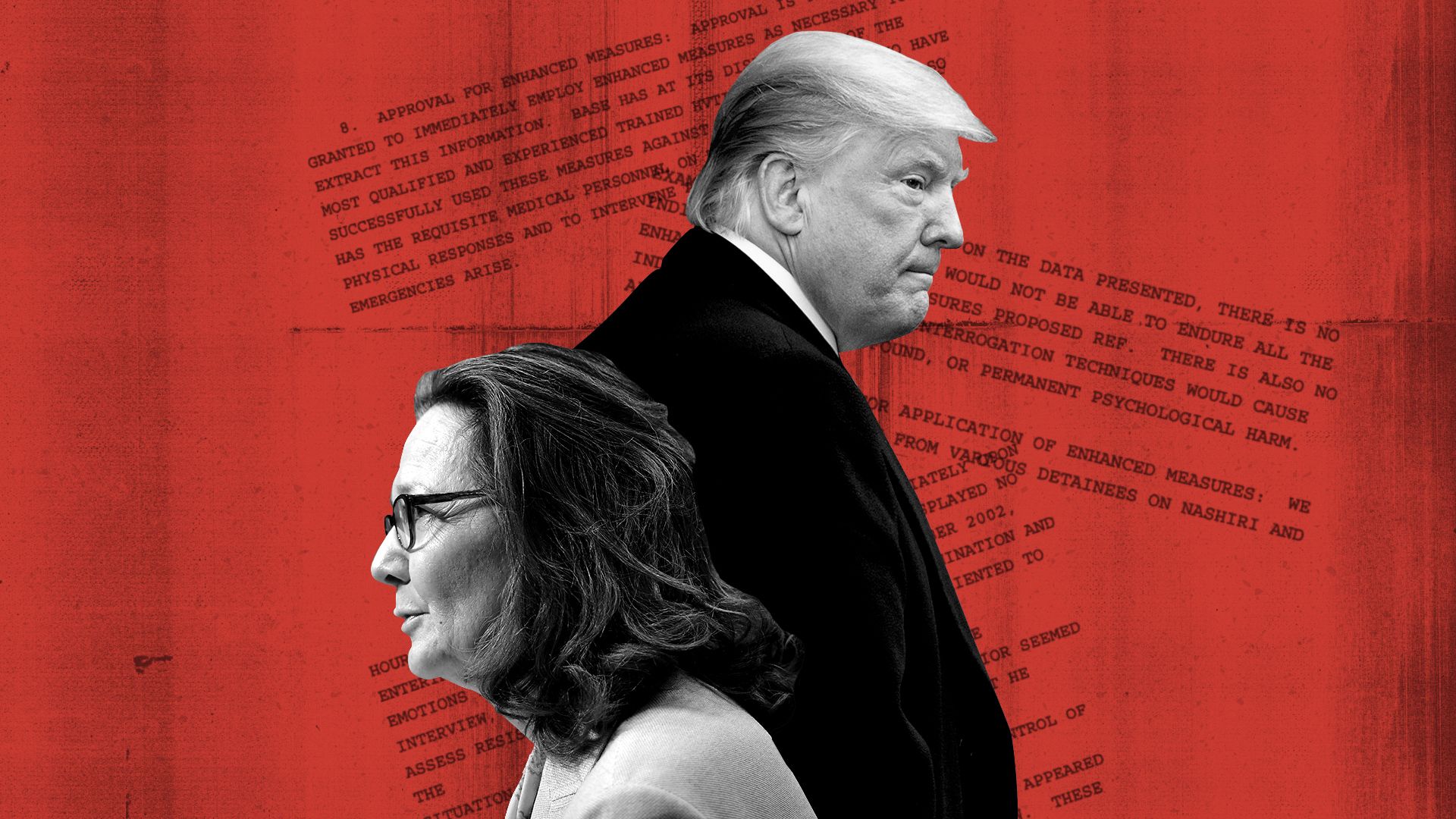 Photo illustration collage of Gina Haspel, President Donald Trump, and excerpts from Gina Haspel's declassified torture cables.
