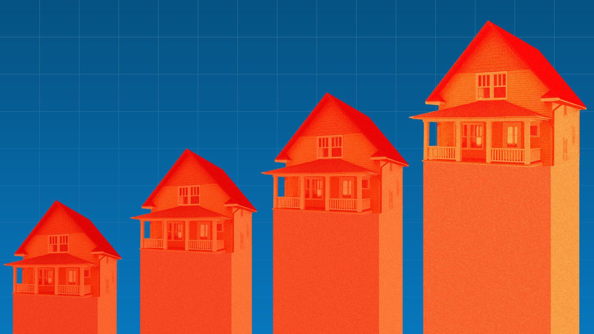 Houses in a row of increasing height.