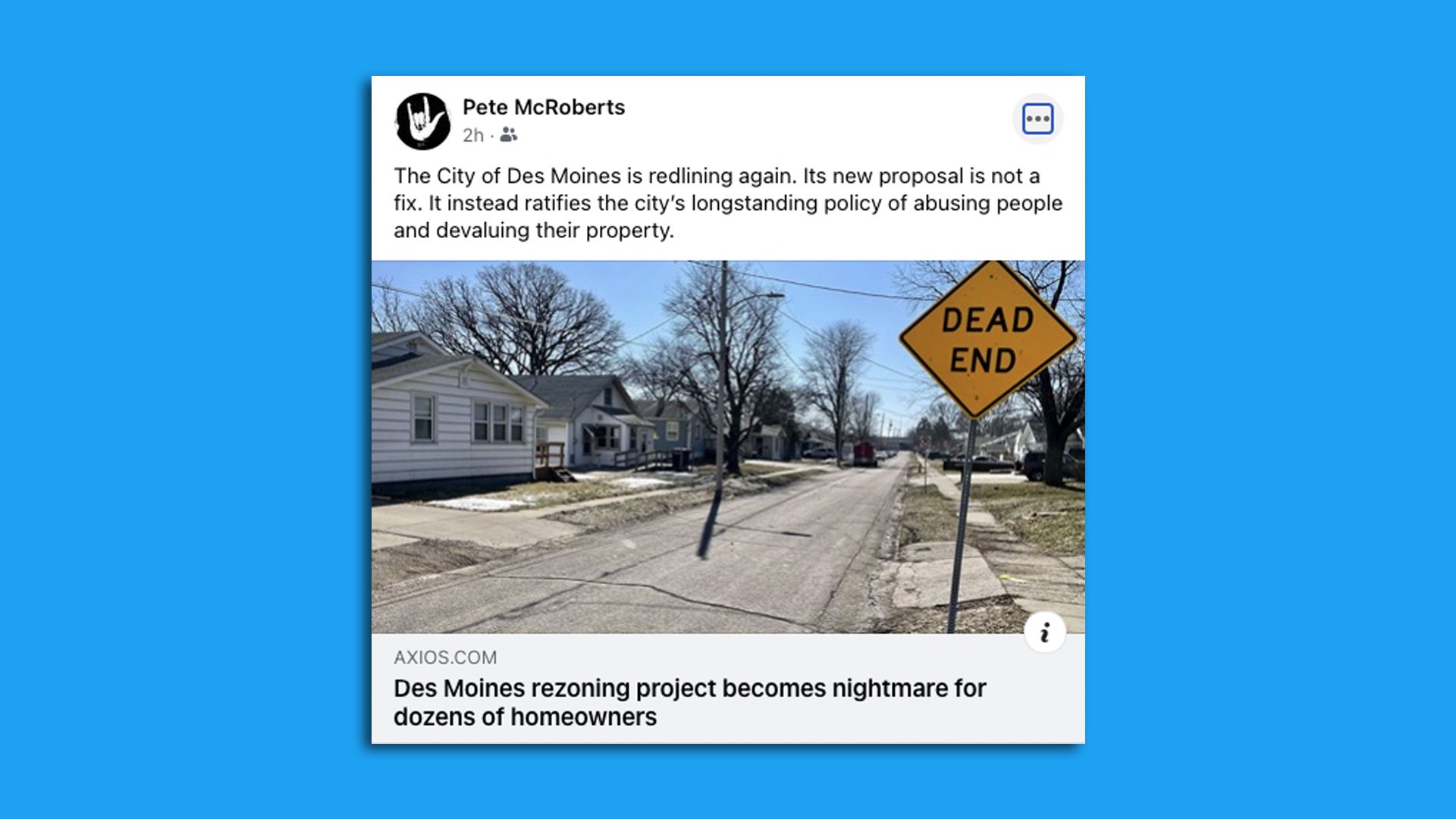 A tweet by West Des Moines attorney Pete McRoberts that accuses Des Moines of redlining.