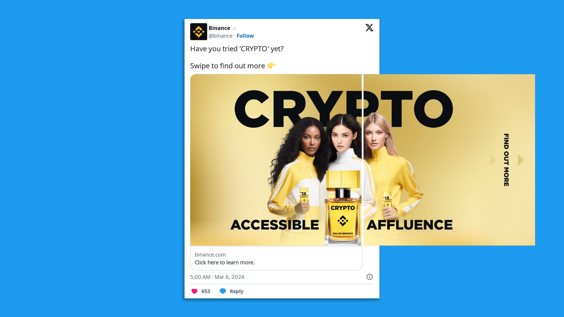 An ad for Binance's "perfume" called Crypto. There are three models of different ethnicities pictured wearing gold and white athleticwear.